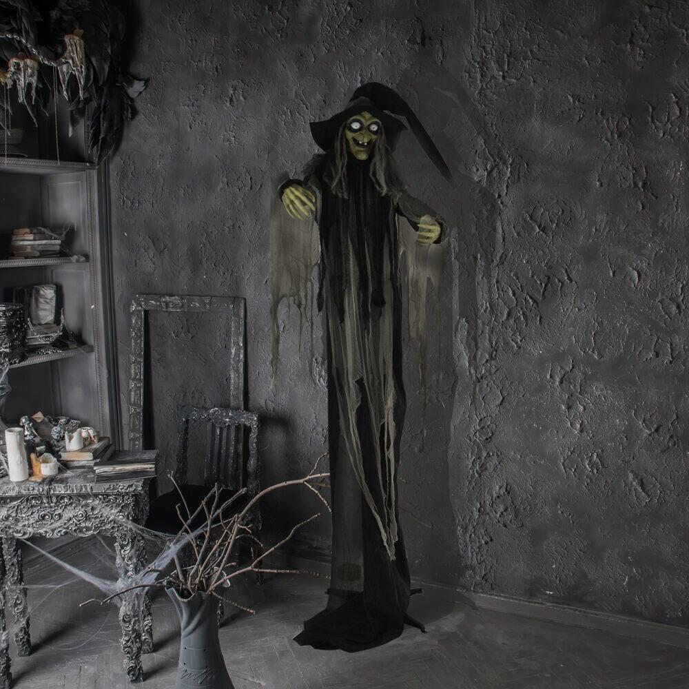 Haunted Hill Farm 9.5-Ft. Animatronic Witch, Indoor or Covered Outdoor Halloween Decoration, Light-up White Eyes, HHWITCH-16FLSA