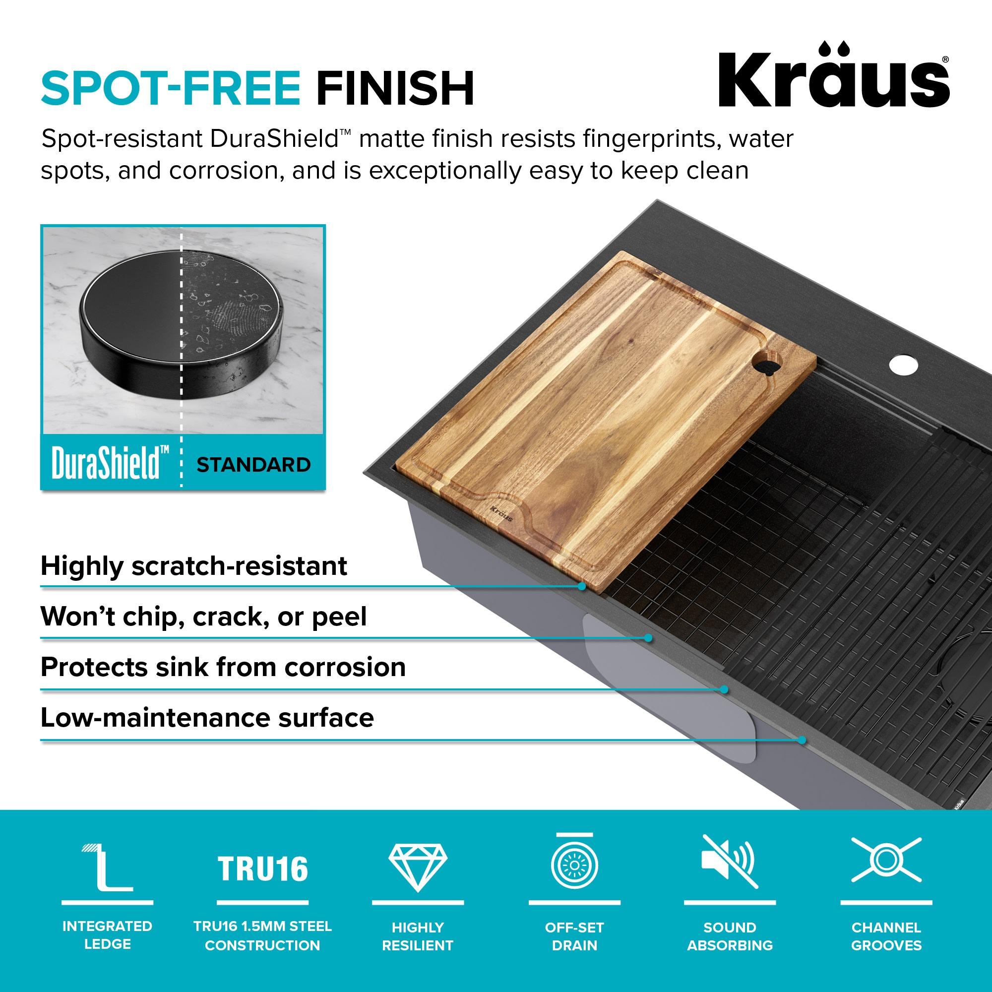 KRAUS Kore™ Workstation 33" L Top Mount Drop-In 16 Gauge Black Stainless Steel Single Bowl Kitchen Sink