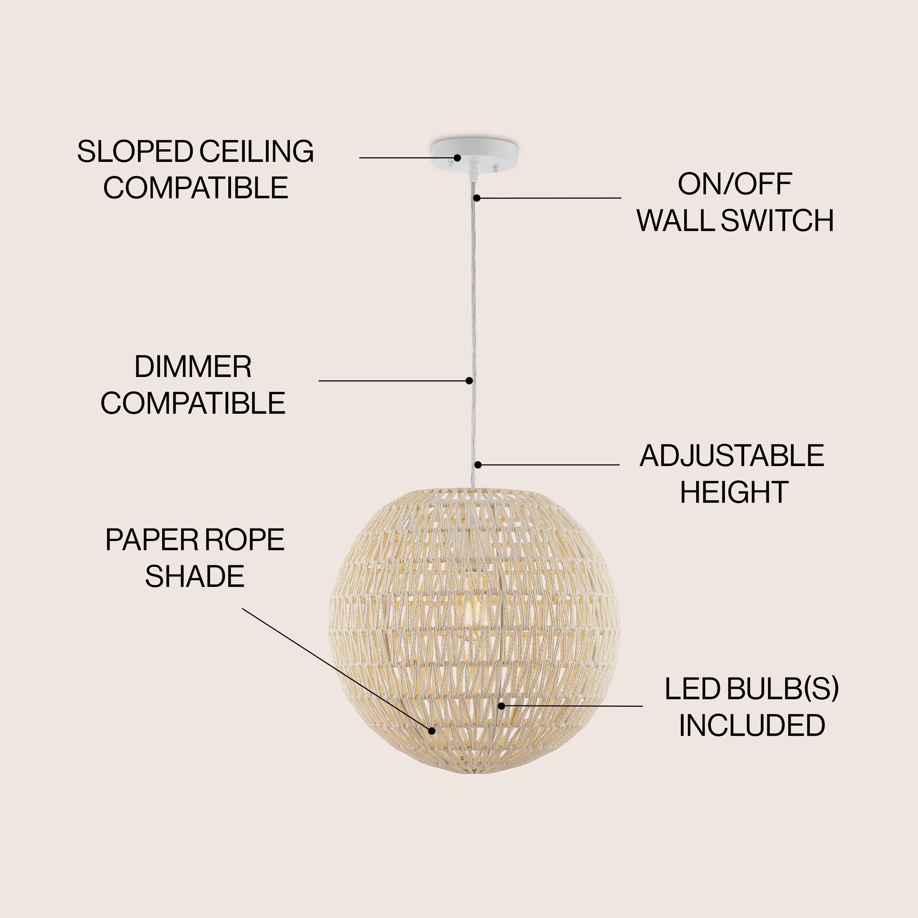 Luna 15.75" 1-Light Bohemian Modern Woven Rattan/Iron LED Pendant, Cream/White
