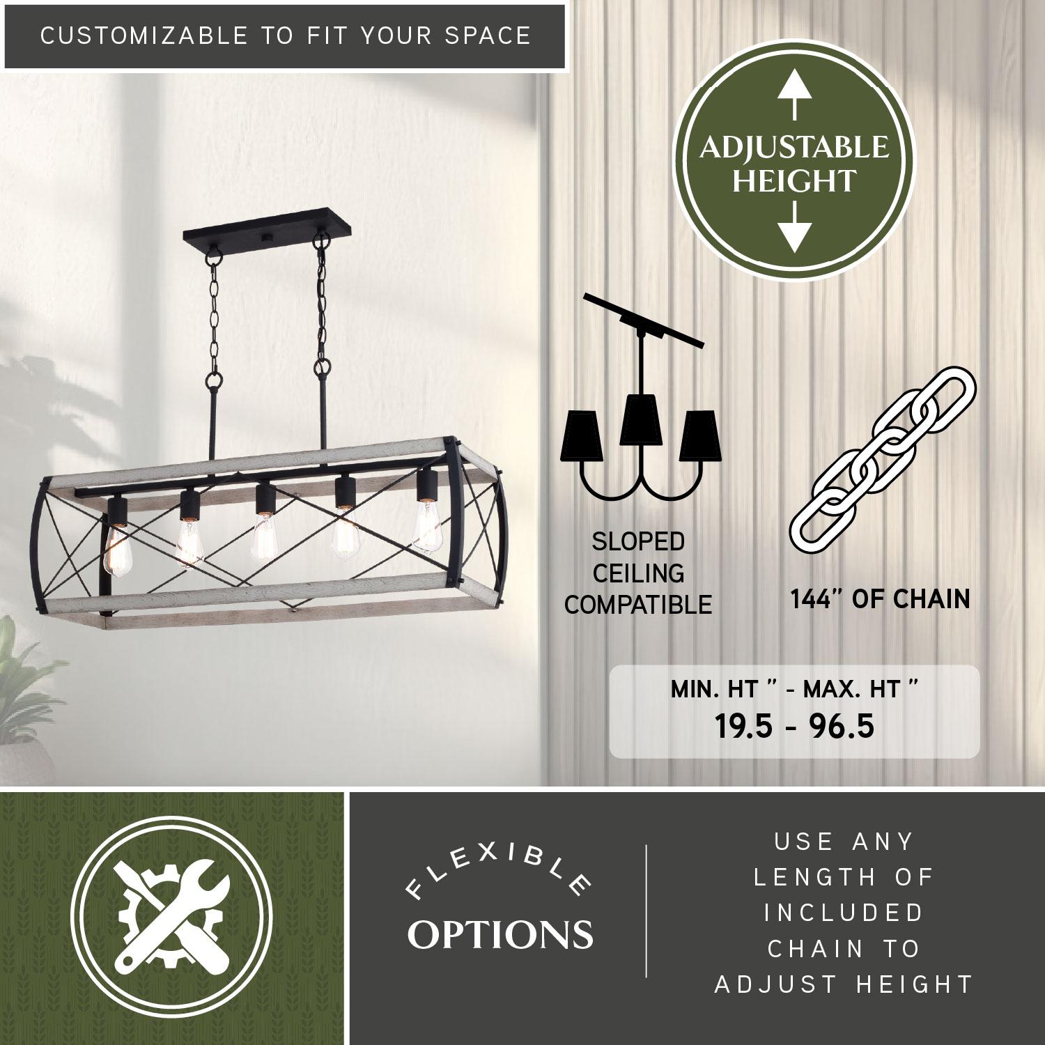 VAXCEL Montclare 5L Black and White Ash Wood Farmhouse Cage Linear Chandelier Island Pendant Light Fixture