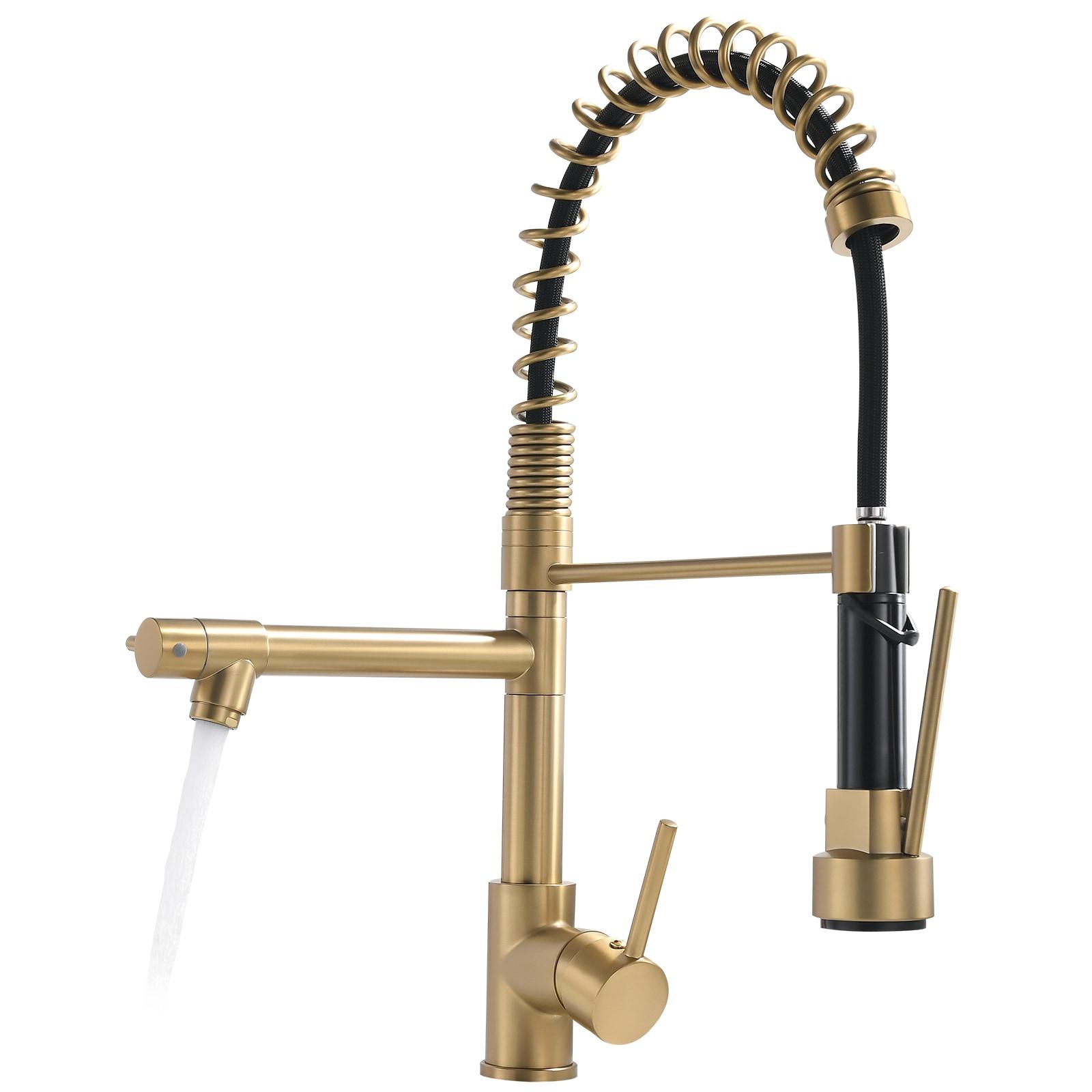 Fapully Single Handle High Arc Brushed Gold Pull Down Kitchen Faucet LED,Single Level Kitchen Sink Faucets with Pull Down Sprayer