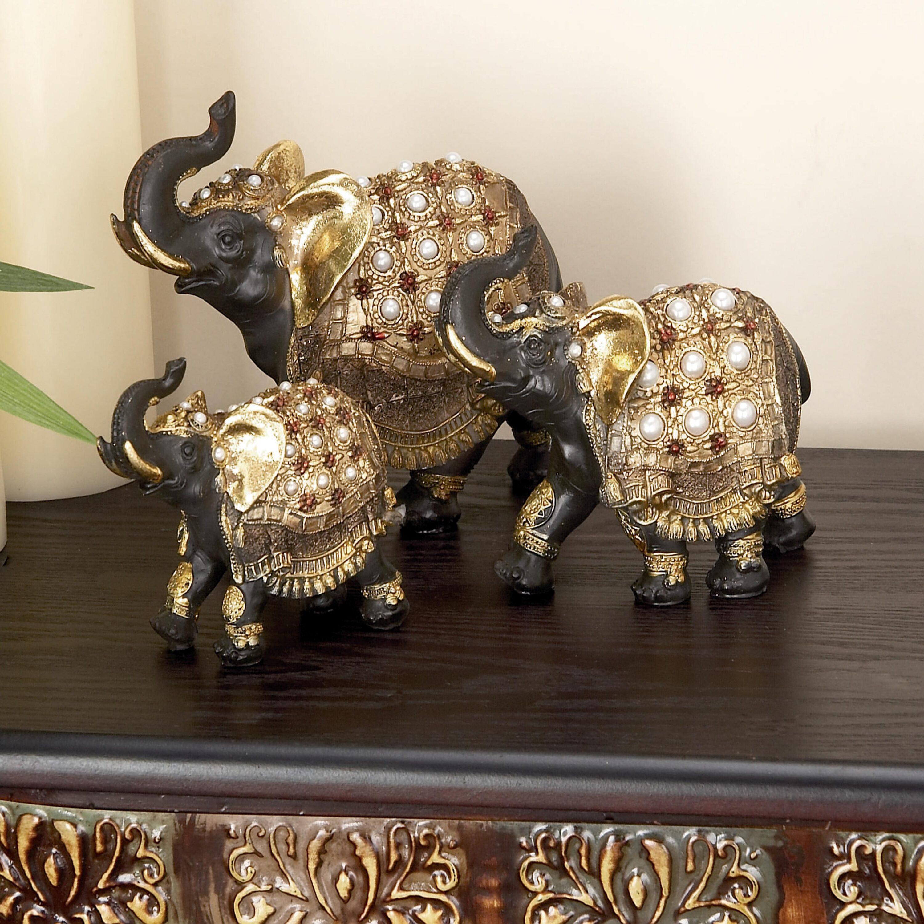 World Menagerie Alfhild Polystone Handmade Decorated Elephant Gold Sculpture with Ornate Dresswear and Pearl Accents Set