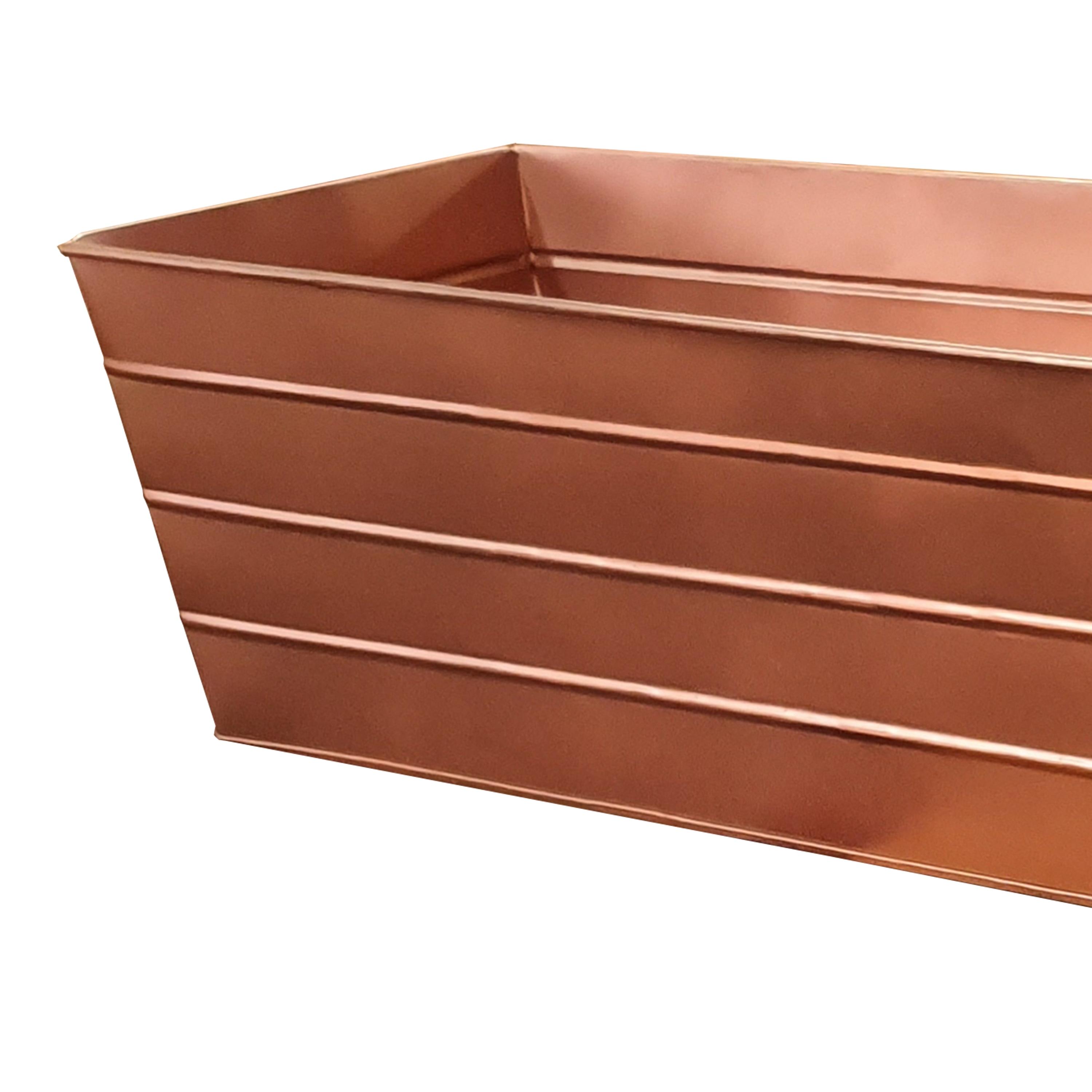 Benjara Rectangular Metal Flower Planter Box with Embossed Line Design, Large, Copper