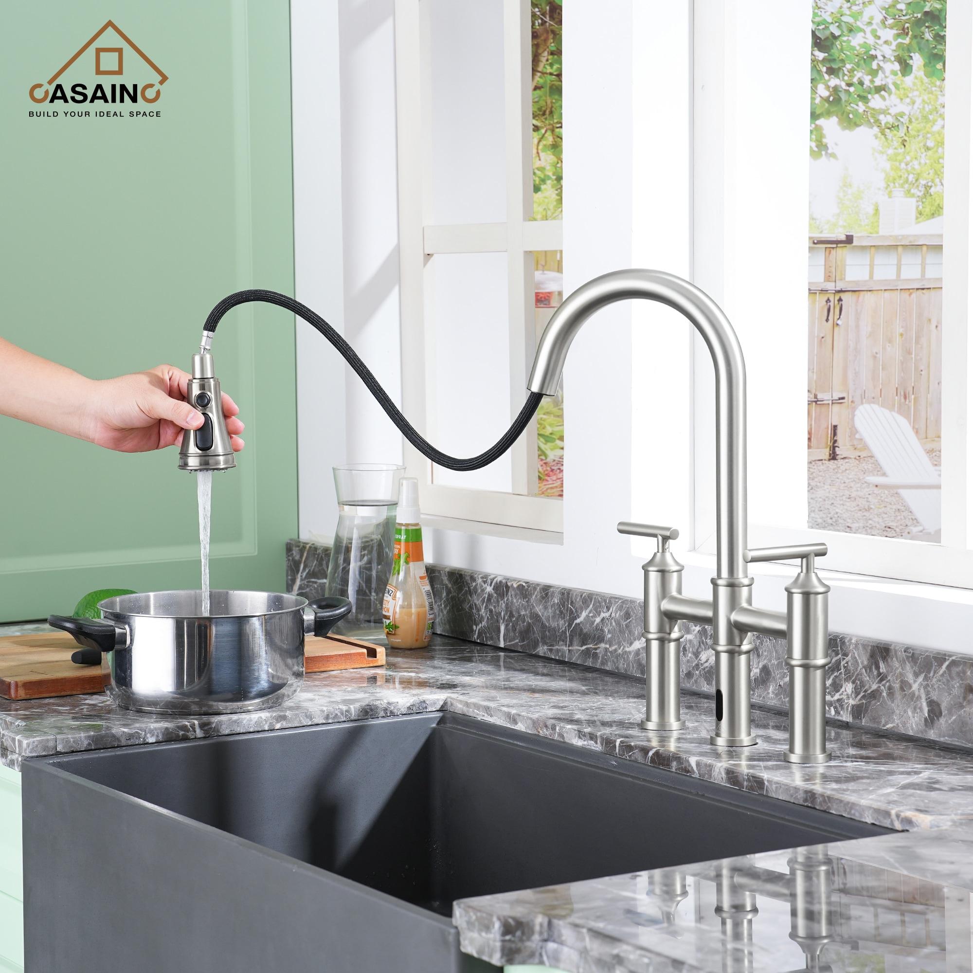 Double Handle Pull-Out Sprayer Bridge Kitchen Faucet with Infrared Sensor in Brushed Nickel