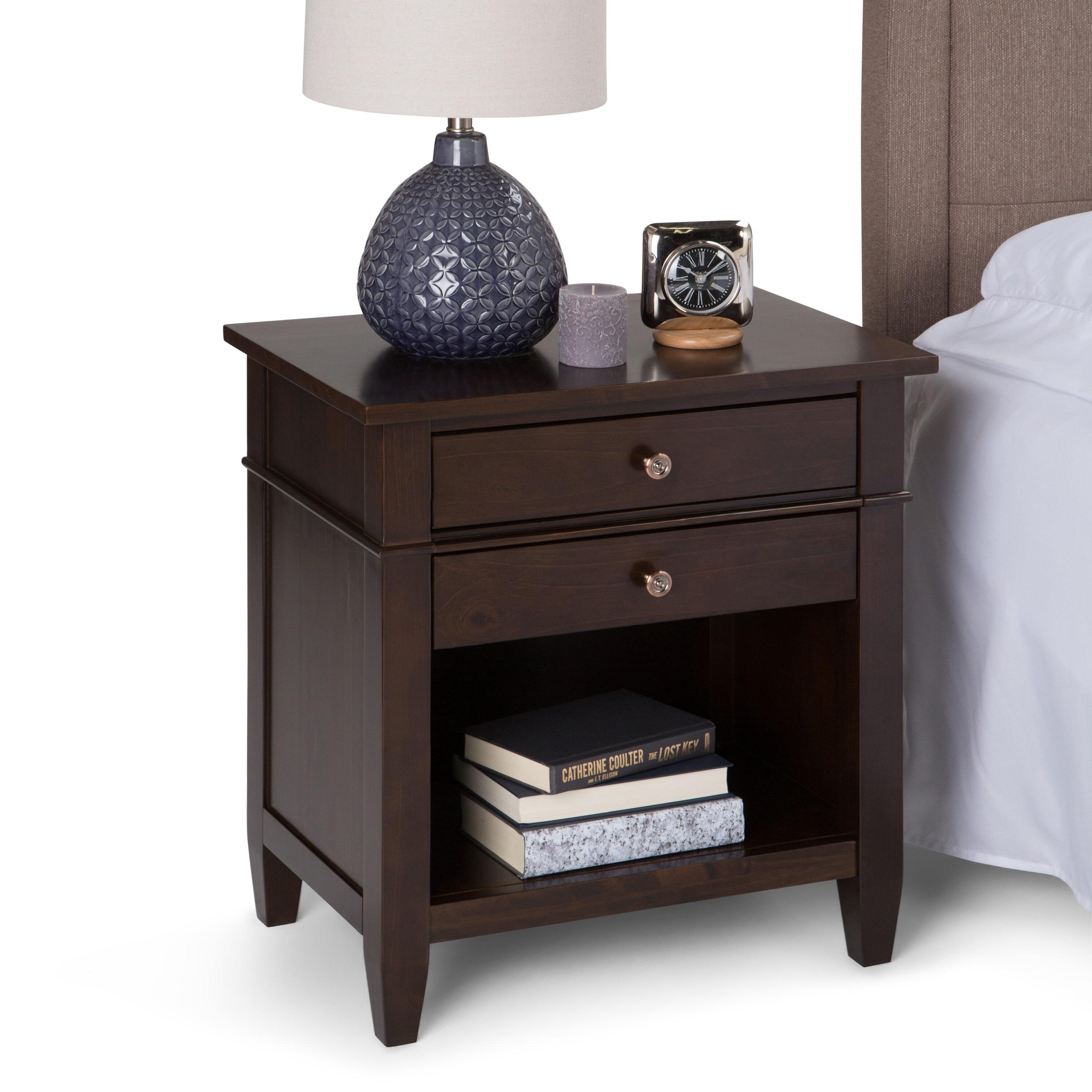 Simpli Home Carlton Wood 24" Transitional Bedside Nightstand Table in Brown