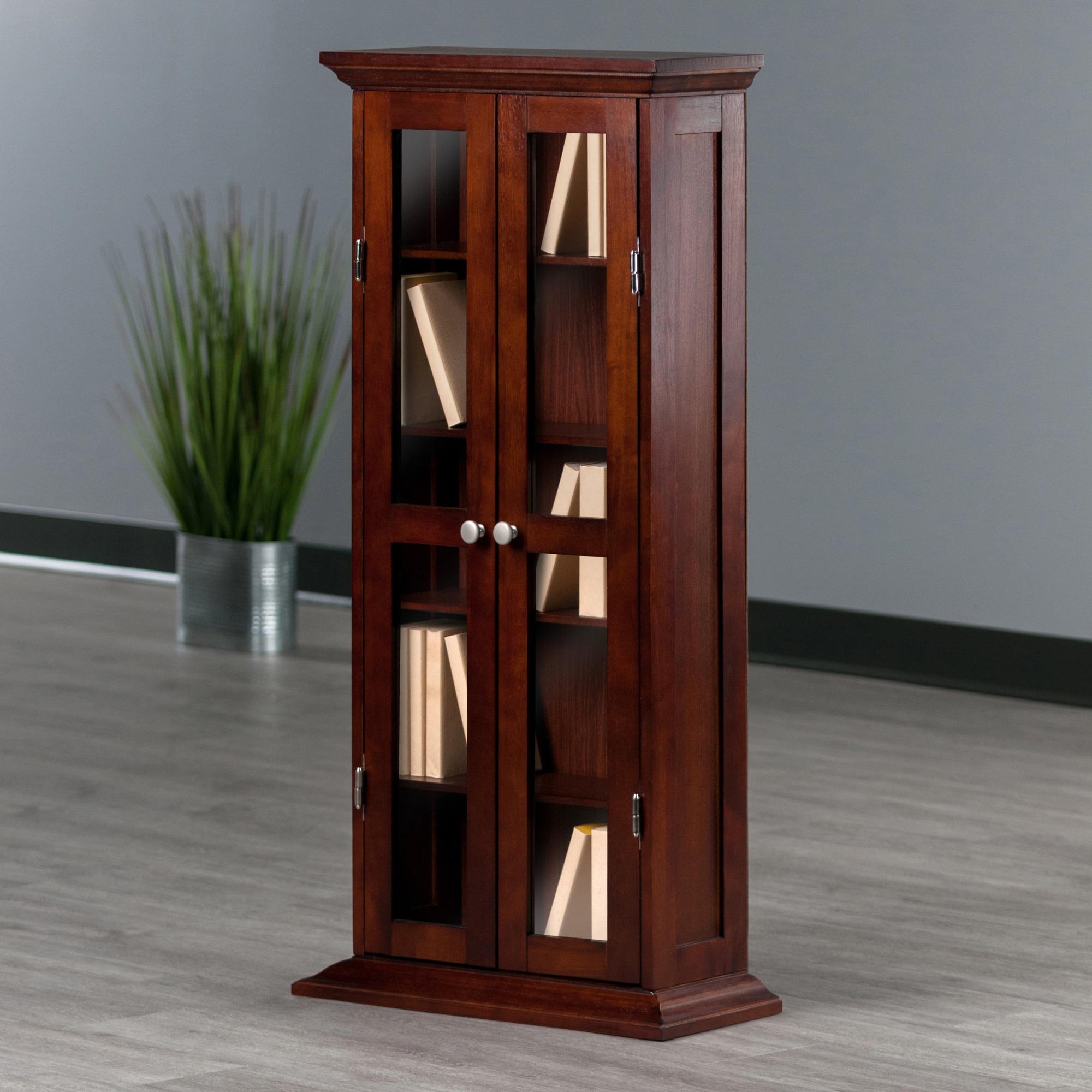 Dvd-Cd Cabinet - Antique Walnut - Winsome: Multimedia Storage, Glass Doors, 5 Adjustable Shelves