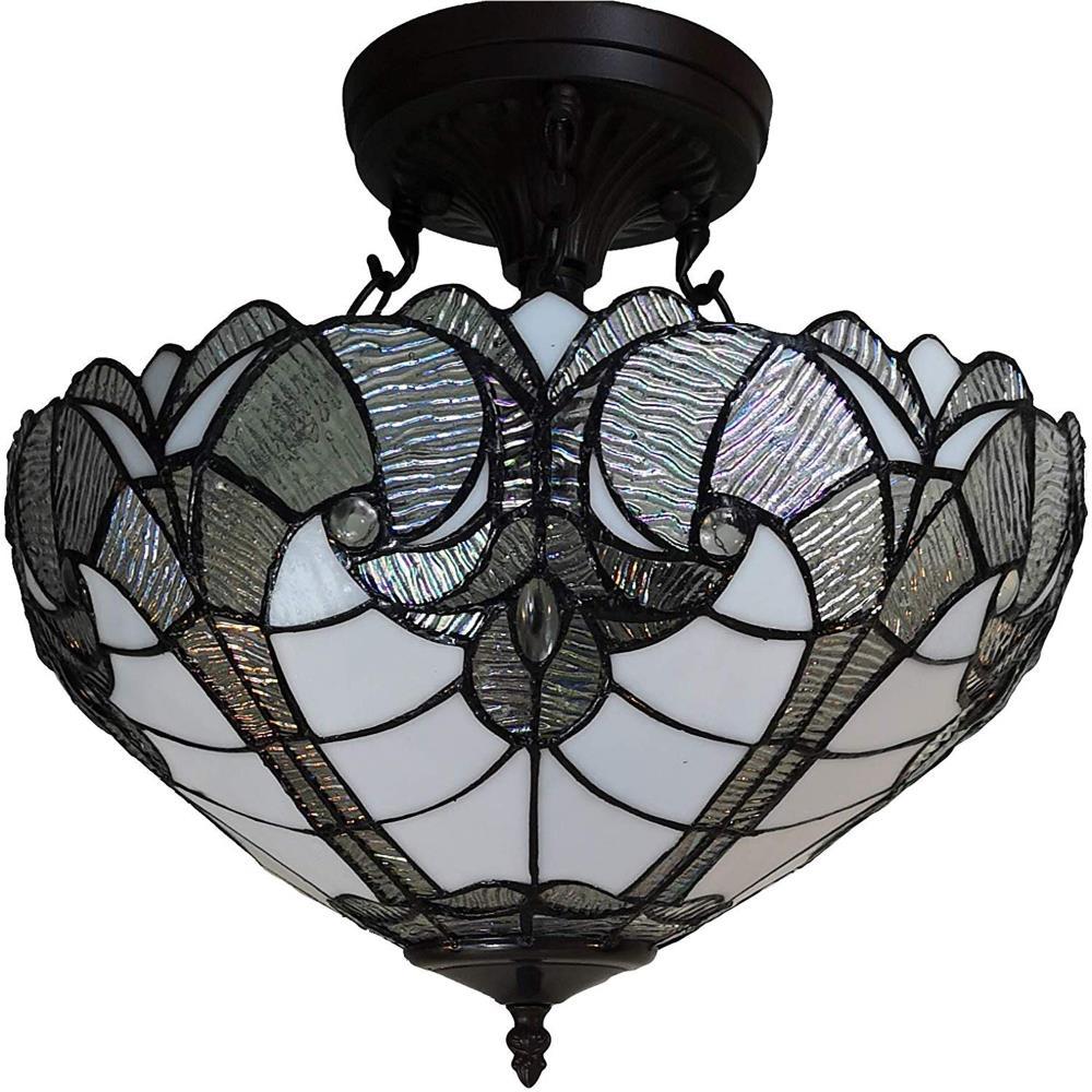 Tiffany Style 2 Light Vintage Semi-Flush Ceiling Lamp - 16" Wide