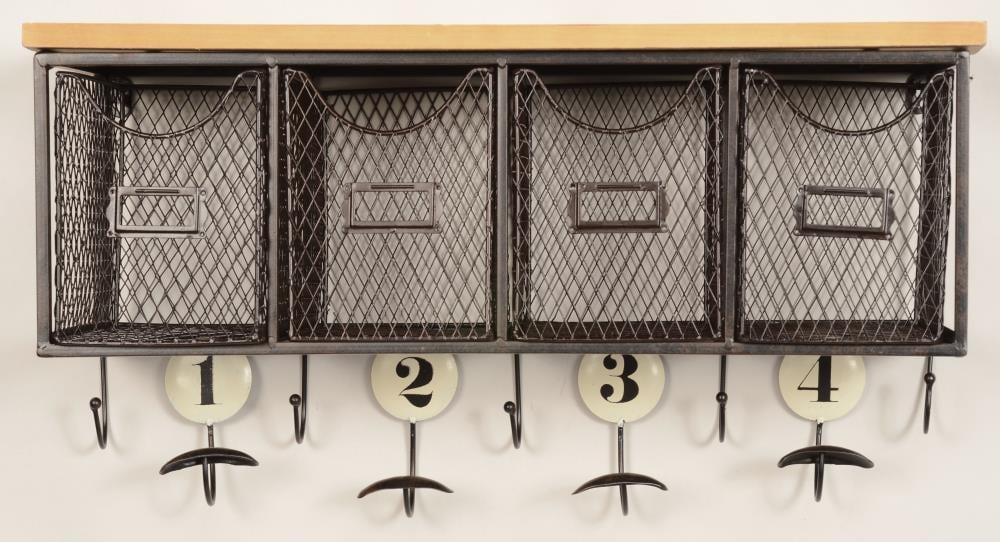 Wall Organizer with 4 Metal Baskets and Wood Top Hooks for Entryway Storage