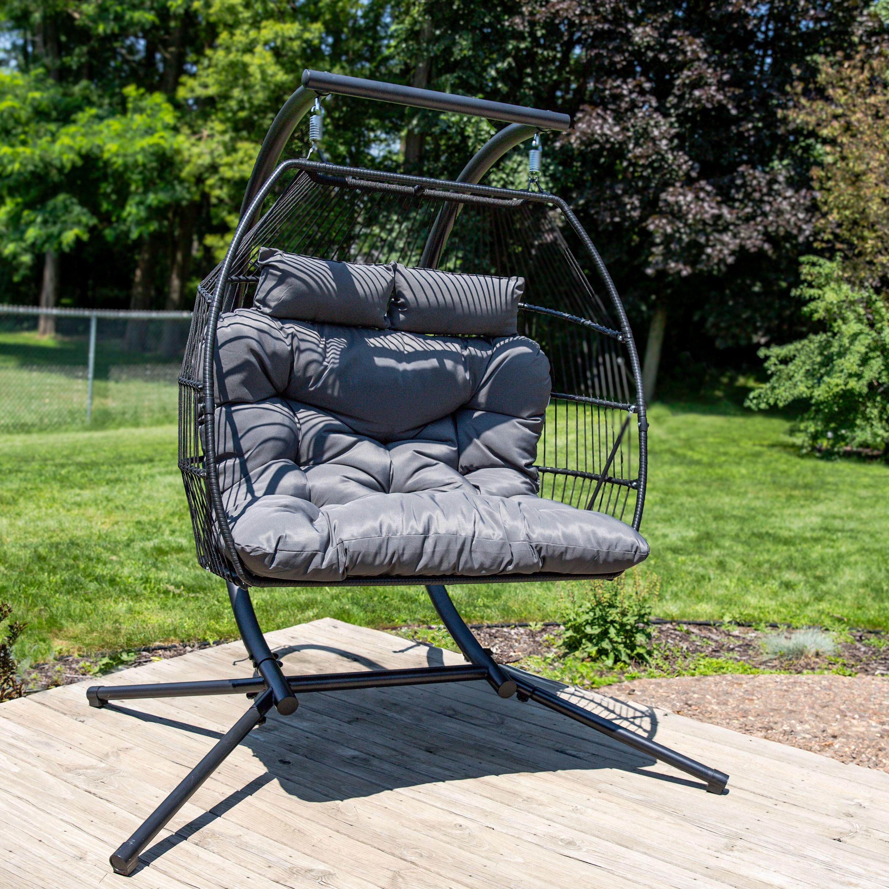 Sunnydaze Outdoor Andrei Double Egg Chair with Steel Stand and Polyester Cushion - Dark Gray - 74"