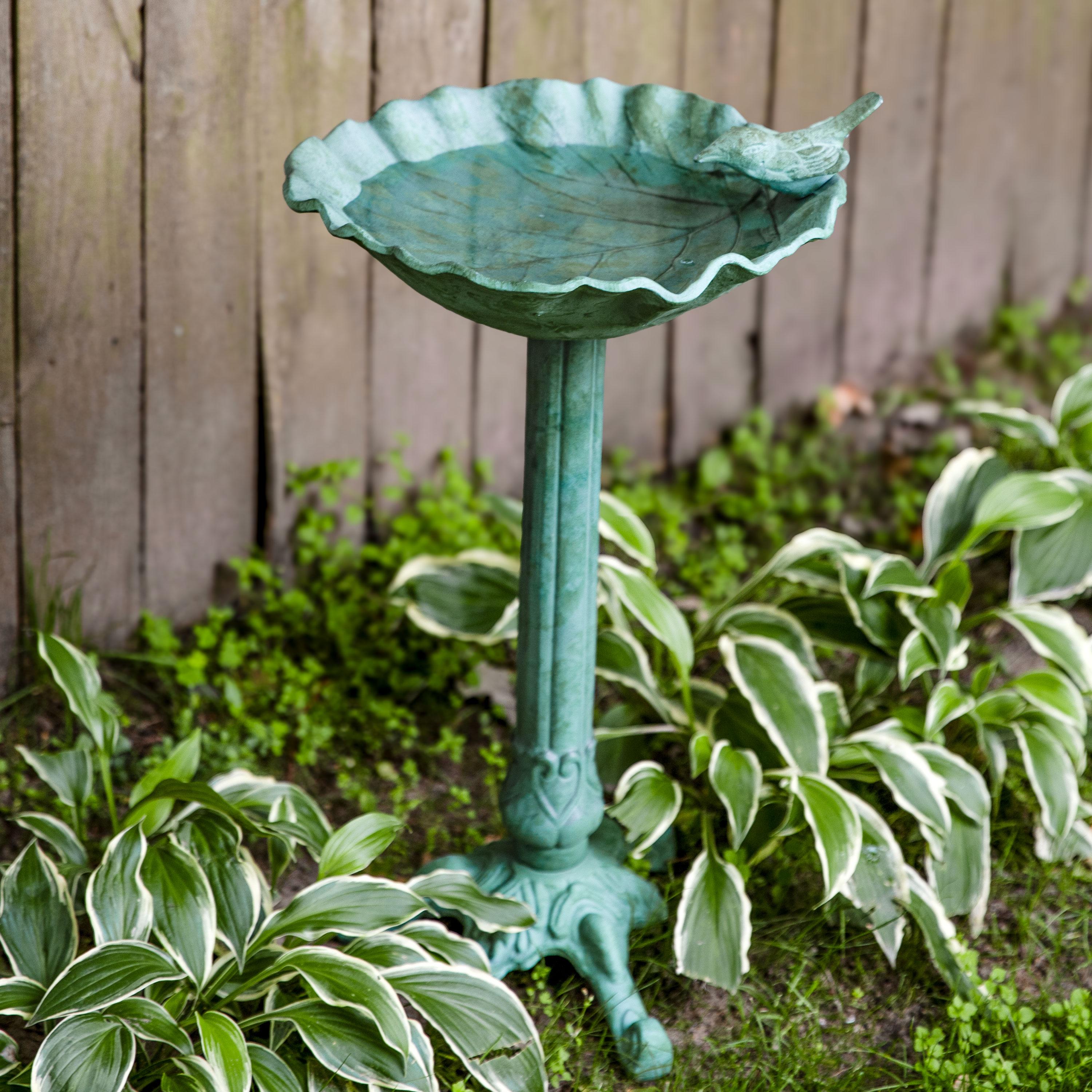 Autumnal Leaf Freestanding Cast Aluminum Outdoor Bird Bath - Green Patina