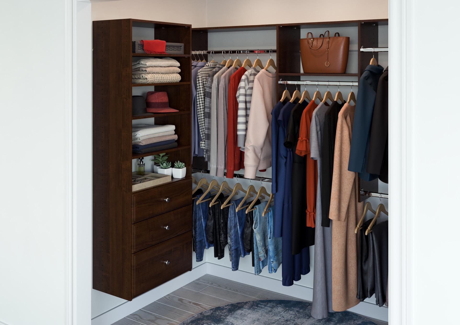 Easy Track Premium Tower Closet Organizer with Shelves and Drawers, Truffle