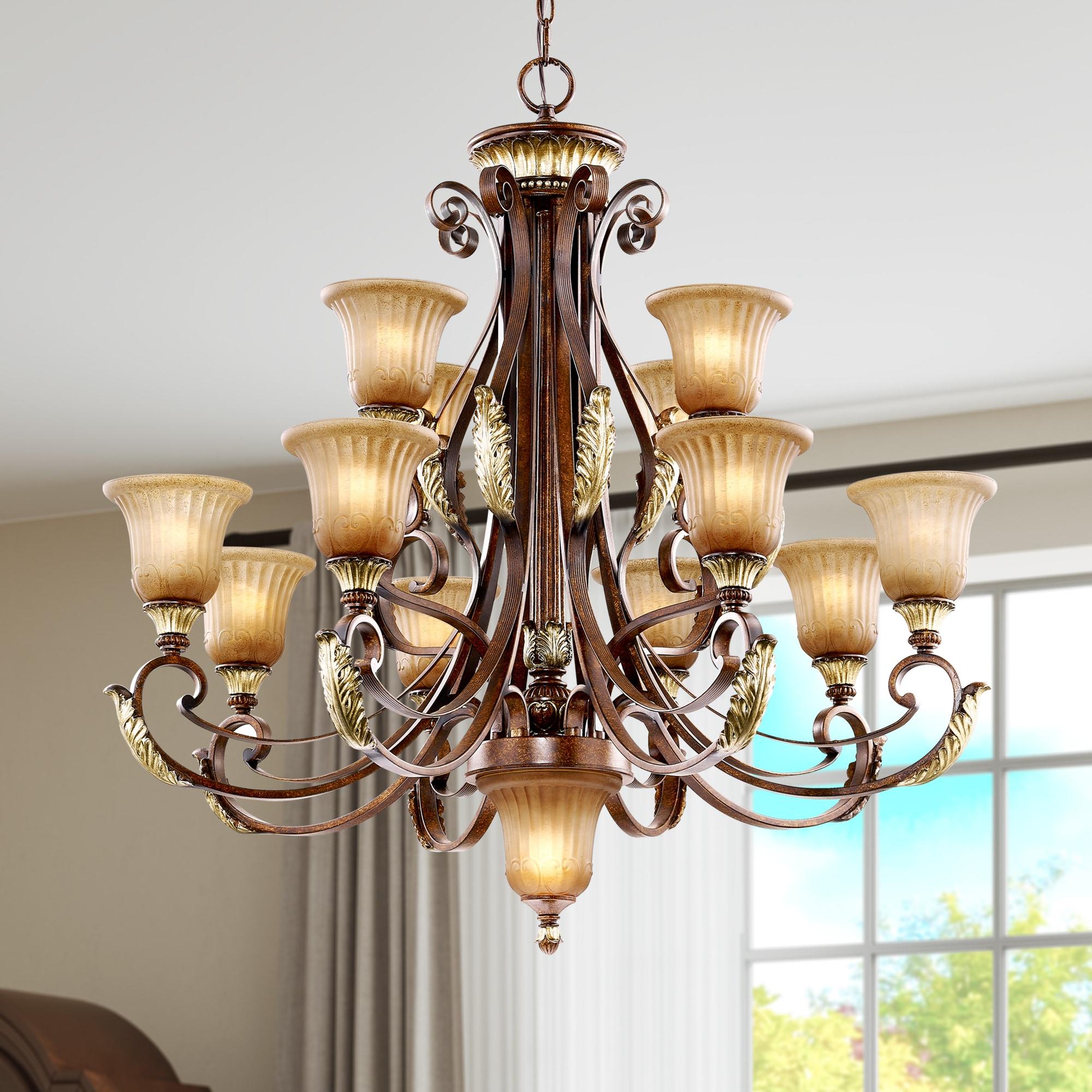 Villa Verona 13-Light Chandelier in Bronze with Rustic Art Glass