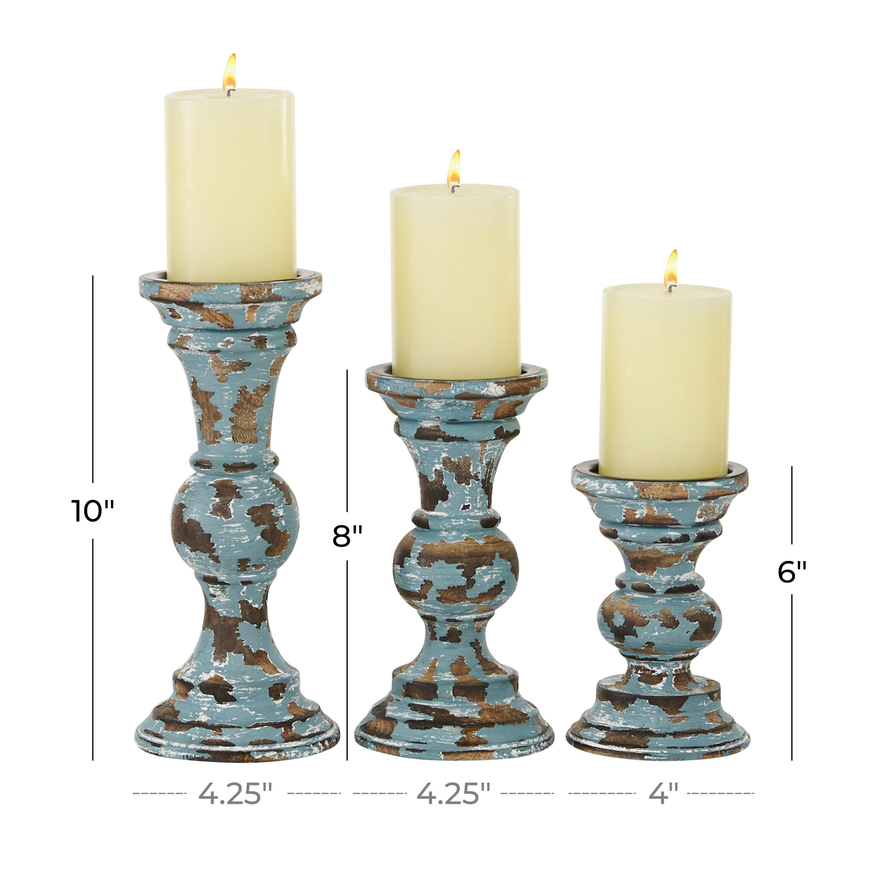 DecMode 3 Candle Light Blue Wood Candle Holder, Set of 3