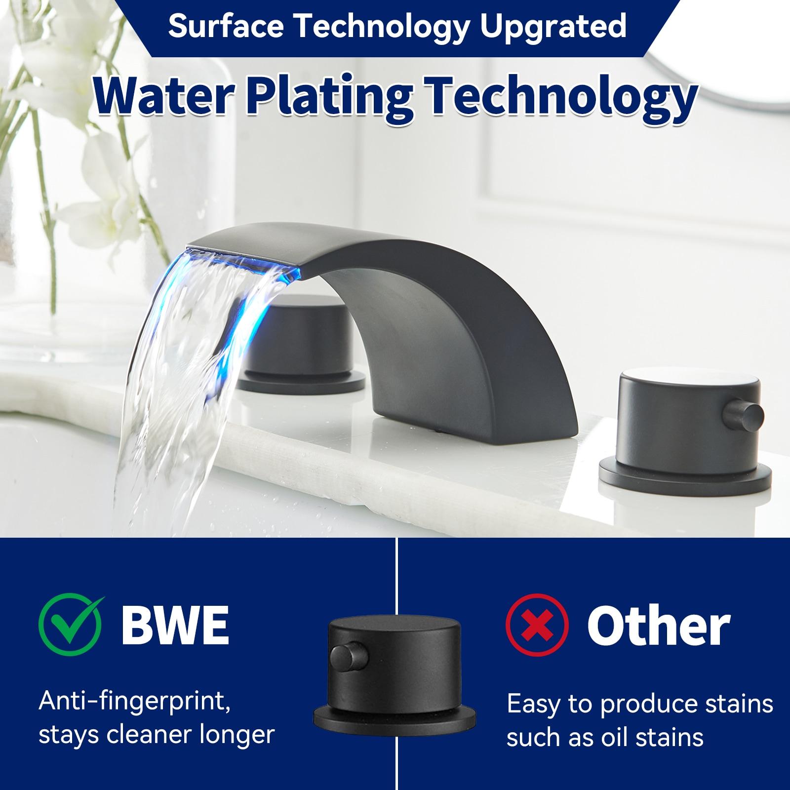 BWE 8 in. Widespread Waterfall Double Handle Three Holes Bathroom Faucet With Led Light in Black