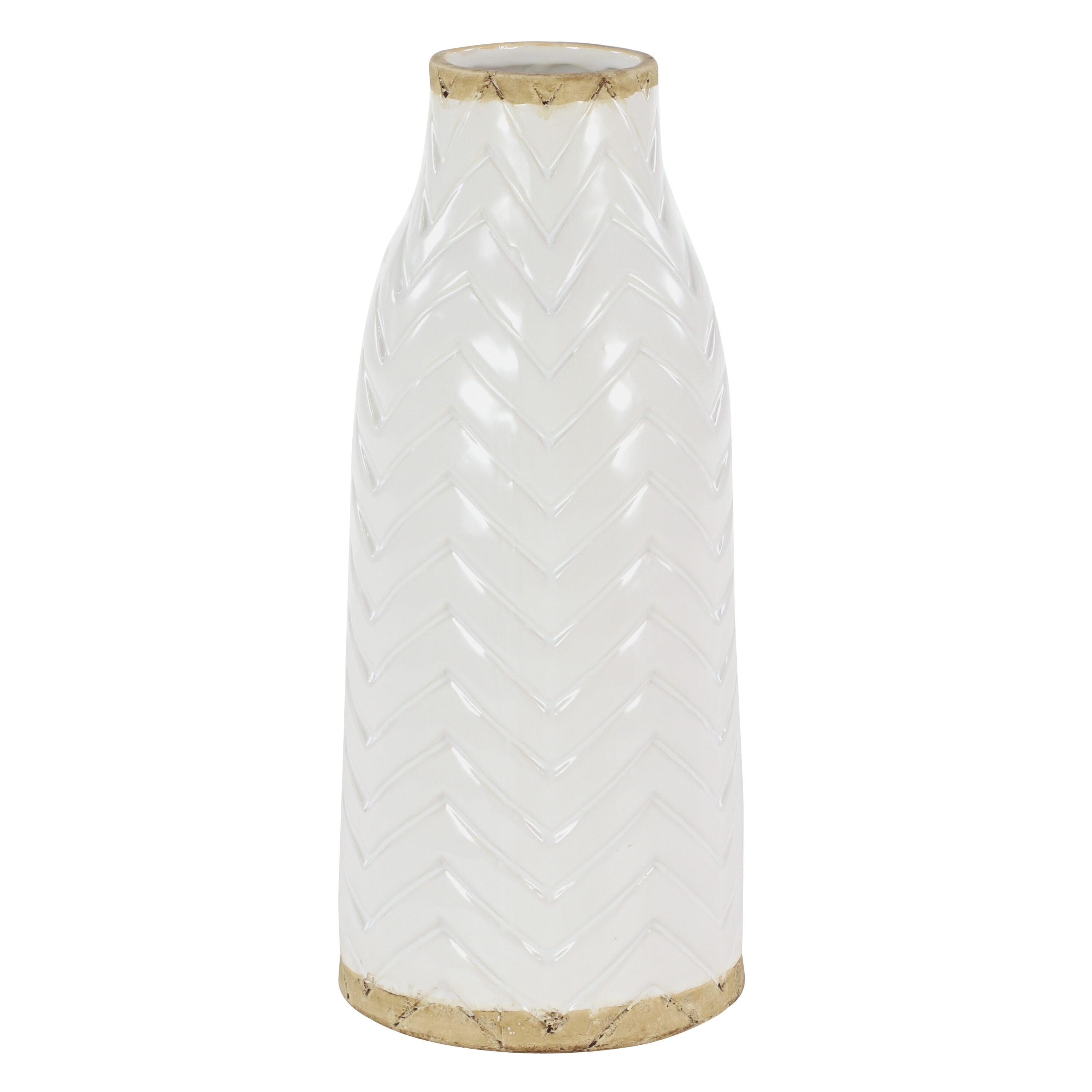 DecMode 16" White Porcelain Vase with Brown Base