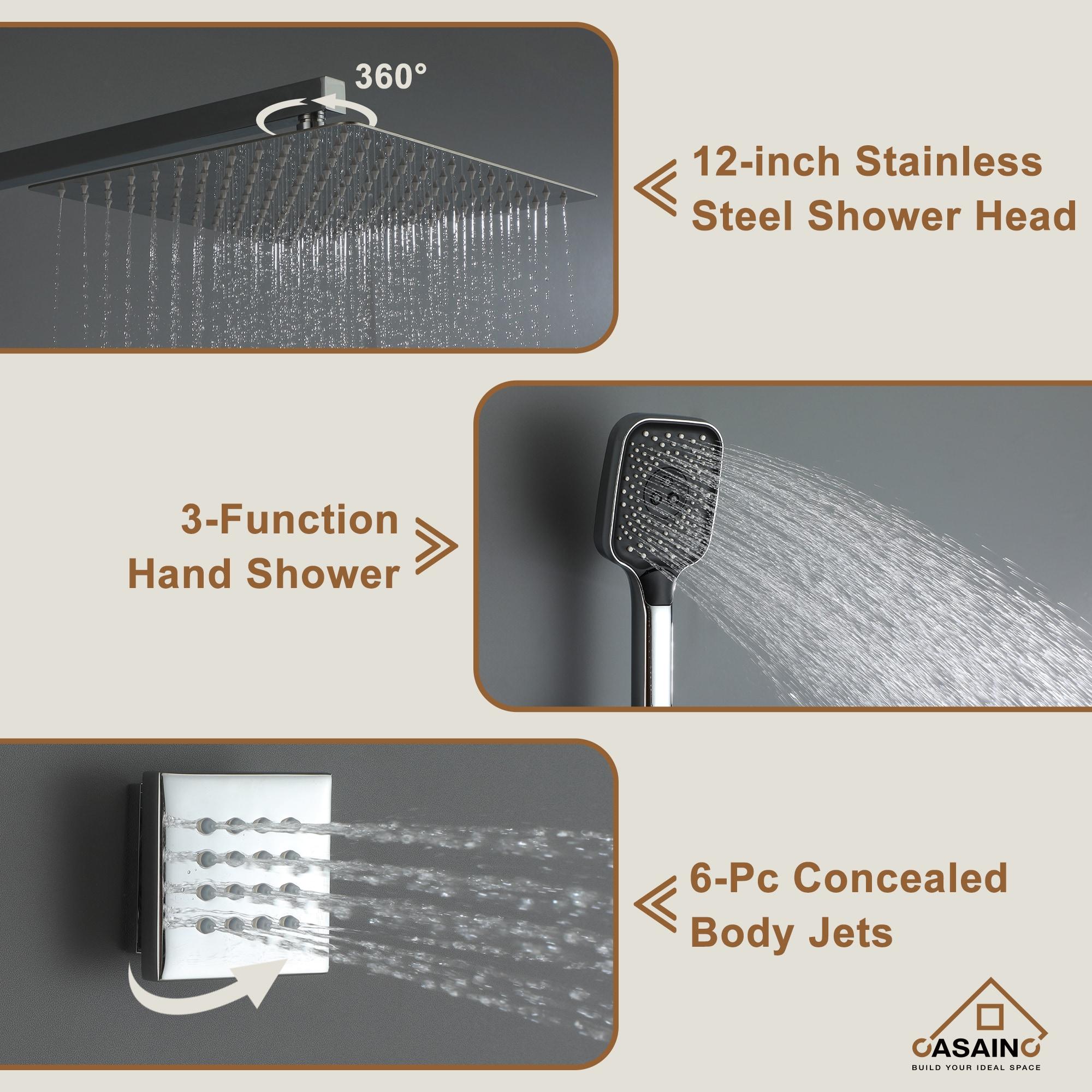 Revitalize 3-Function 12 Inch Wall Mount Rainfall Thermostatic Shower System with 6 Body Jets