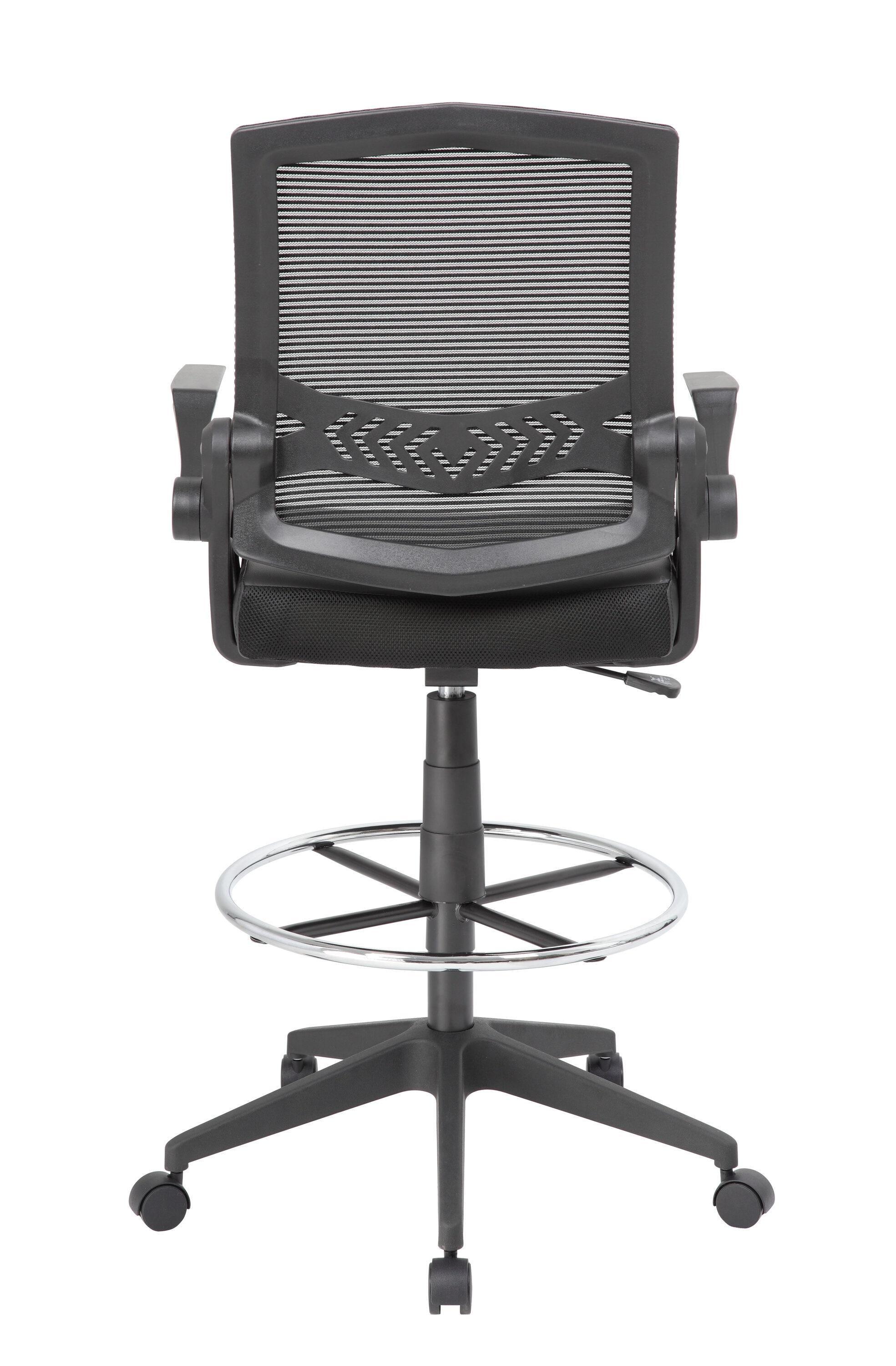 Boss Office Products Drafting Stool with Flip Arms Mesh Black: Adjustable for Tall Desks, Ergonomic Design, Nylon Frame