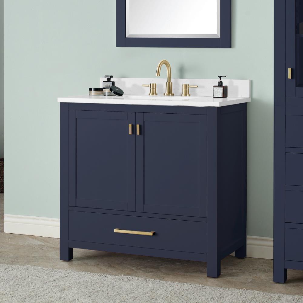 Navy Blue Solid Wood Single Sink Vanity with Stone Top