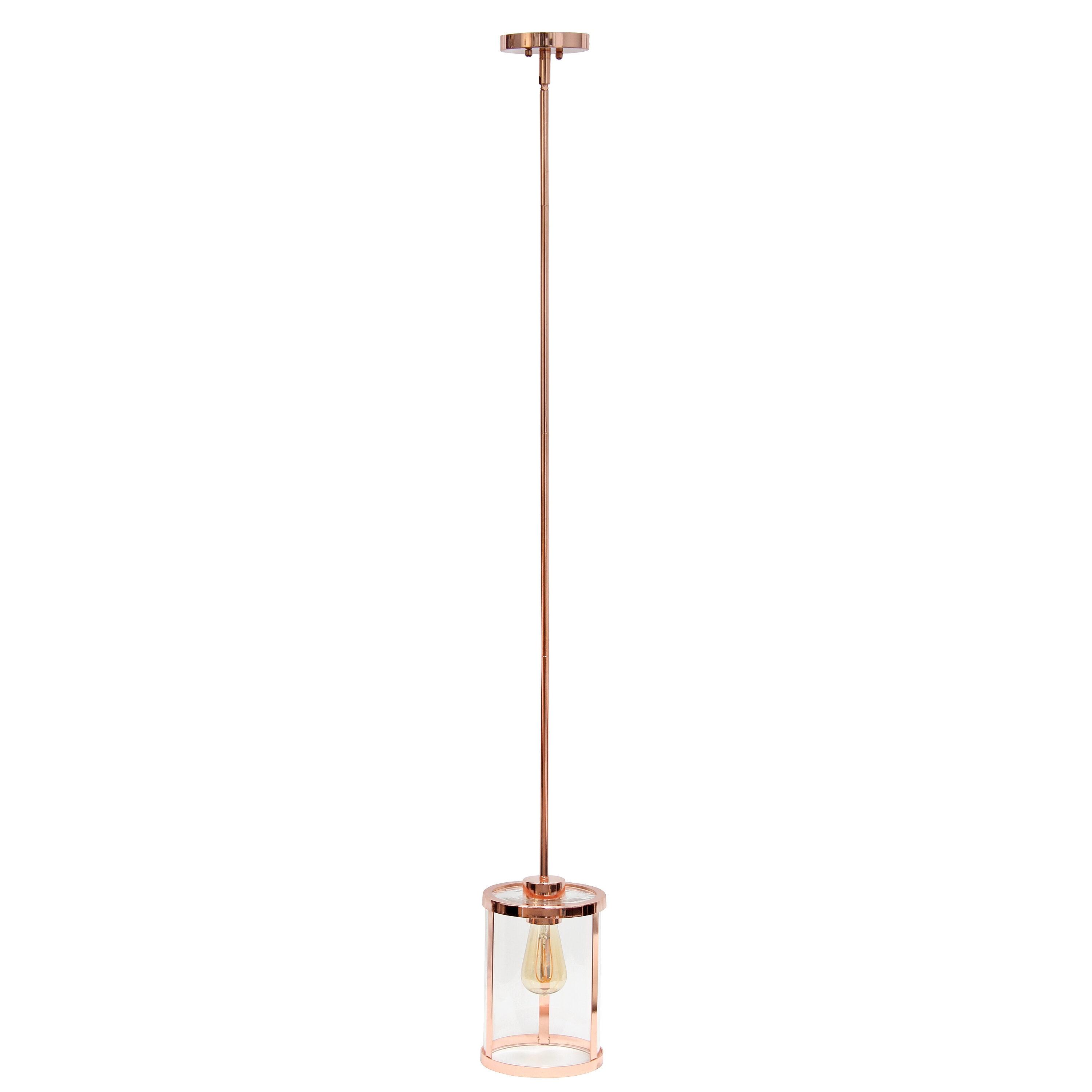 1-Light 9.25" Modern Farmhouse Adjustable Hanging Cylindrical Clear Glass Pendant Fixture with Metal Accent Rose Gold - Lalia Home
