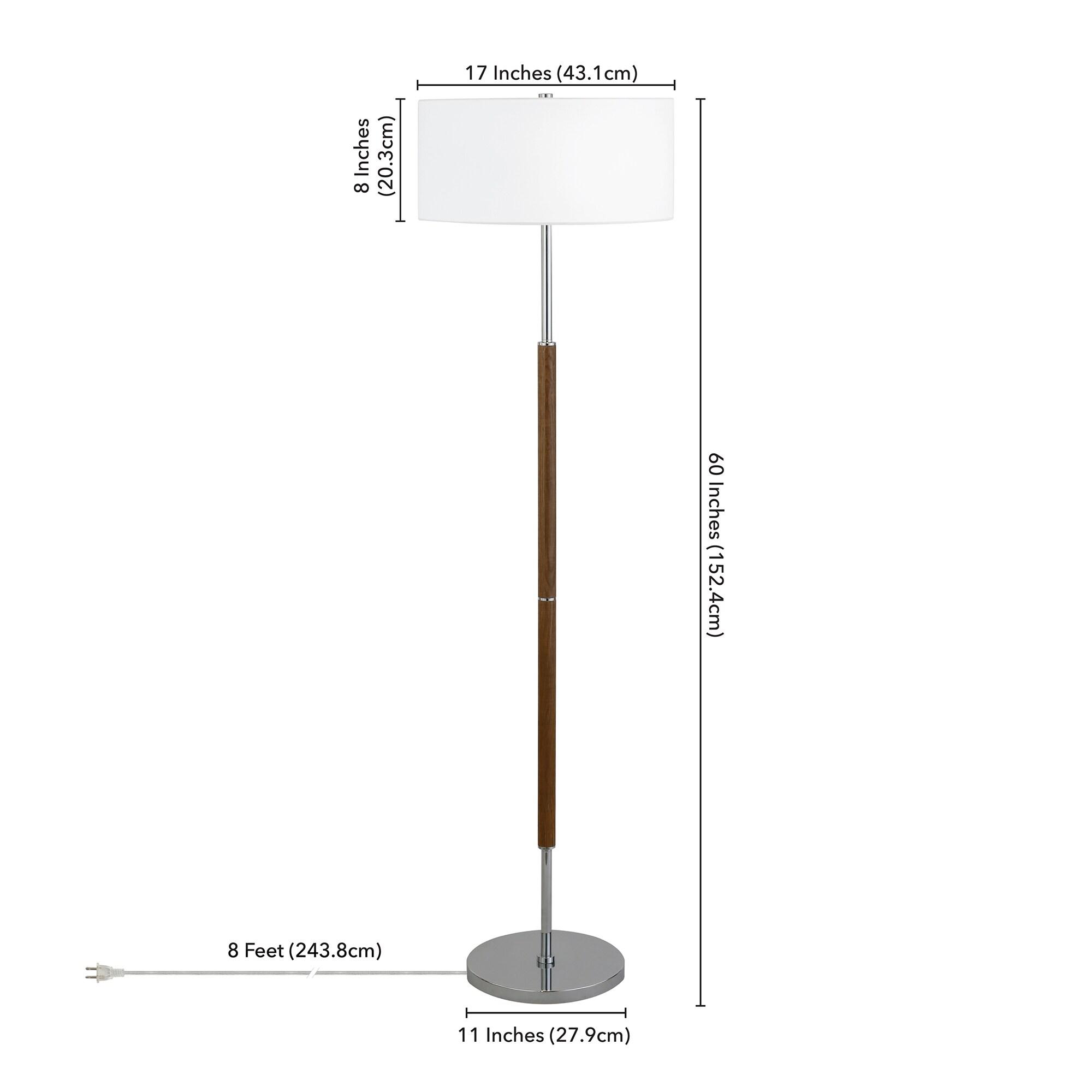 Evelyn&Zoe Simone 2-Light Floor Lamp with Fabric Shade, Rustic Oak/Polished Nickel/White