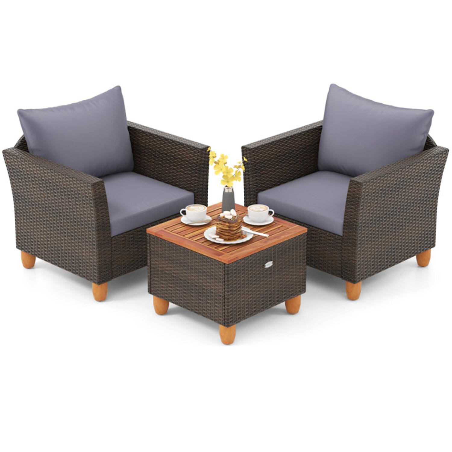 Resenkos 3 Pieces Patio Wicker Conversation Set, Outdoor Furniture Garden Conversation Bistro Sets with Coffee Table and Cushions-Black