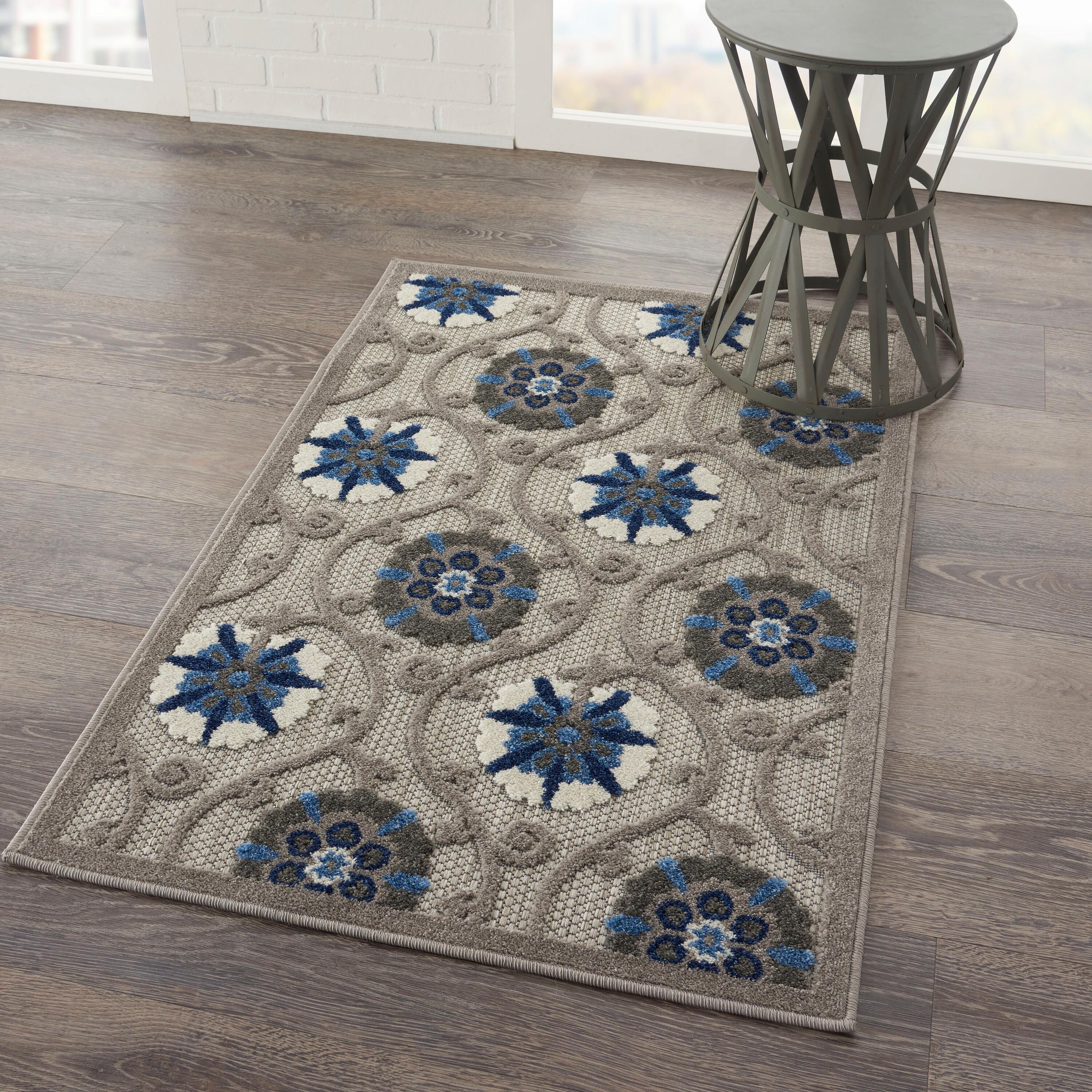 Nourison Aloha Contemporary Floral Flatweave High-Low Indoor Outdoor Area Rug Grey/Blue 2'8" x 4'