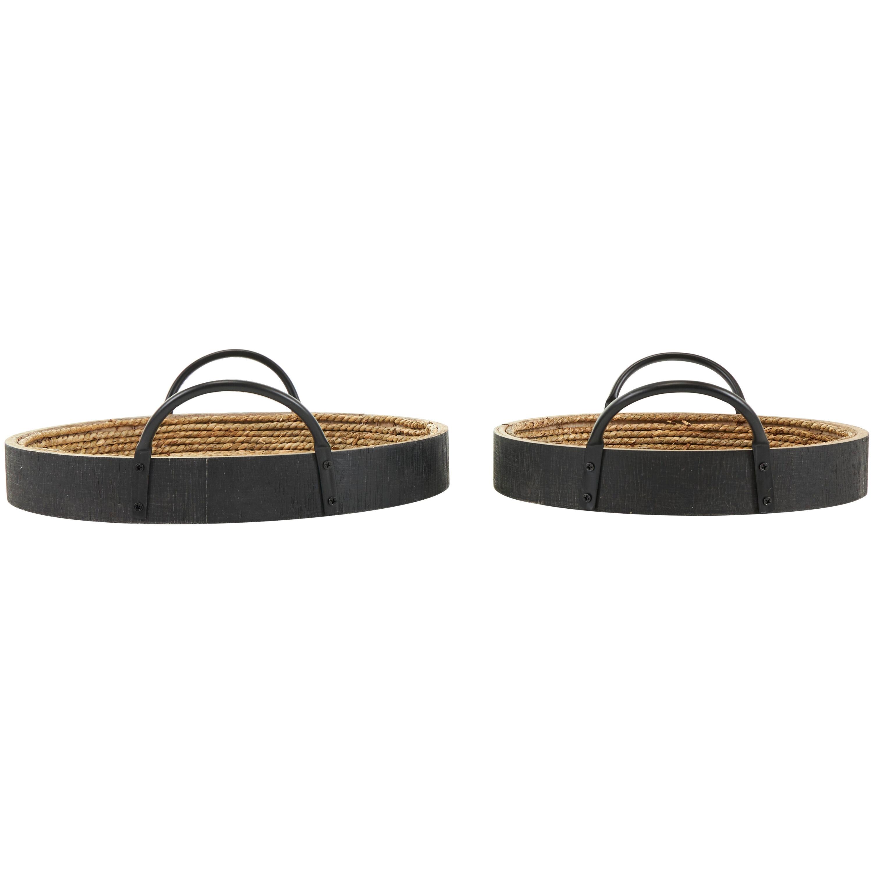 Set of 2 Round Black and Natural Wood Decorative Trays