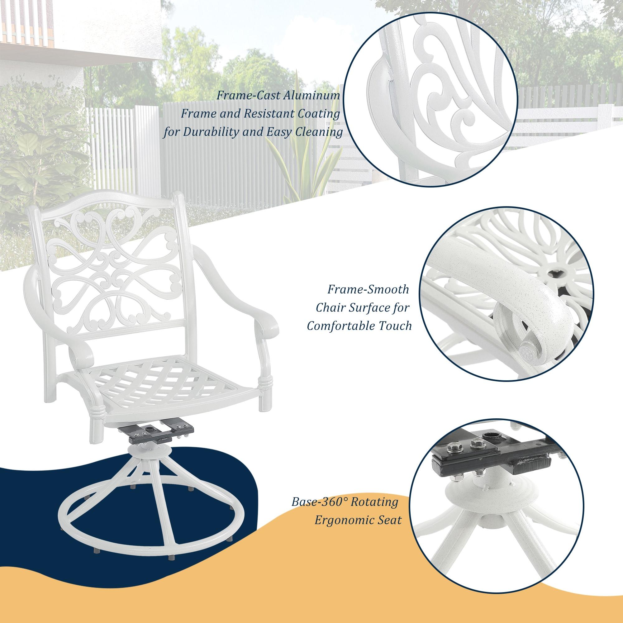 Mondawe 2 Pieces Cast Aluminum Swivel Dining Chair, All-Weather Aluminum Swivel Dining Chairs Outdoor Rocker Chair for Home Patio Garden Deck, White