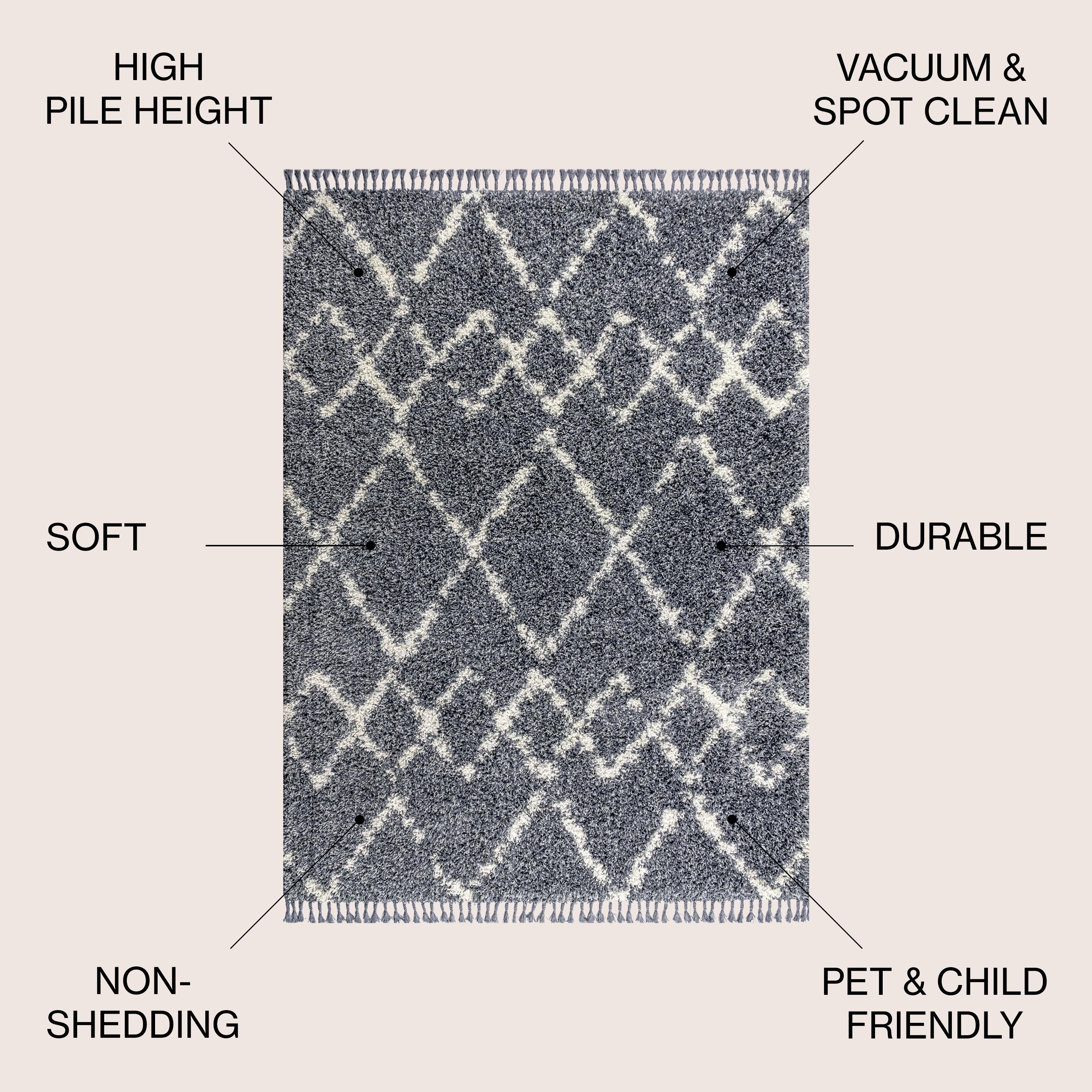 3'x5' Mercer Shag Plush Tassel Moroccan Geometric Trellis Area Rug, Denim/Cream - JONATHAN Y