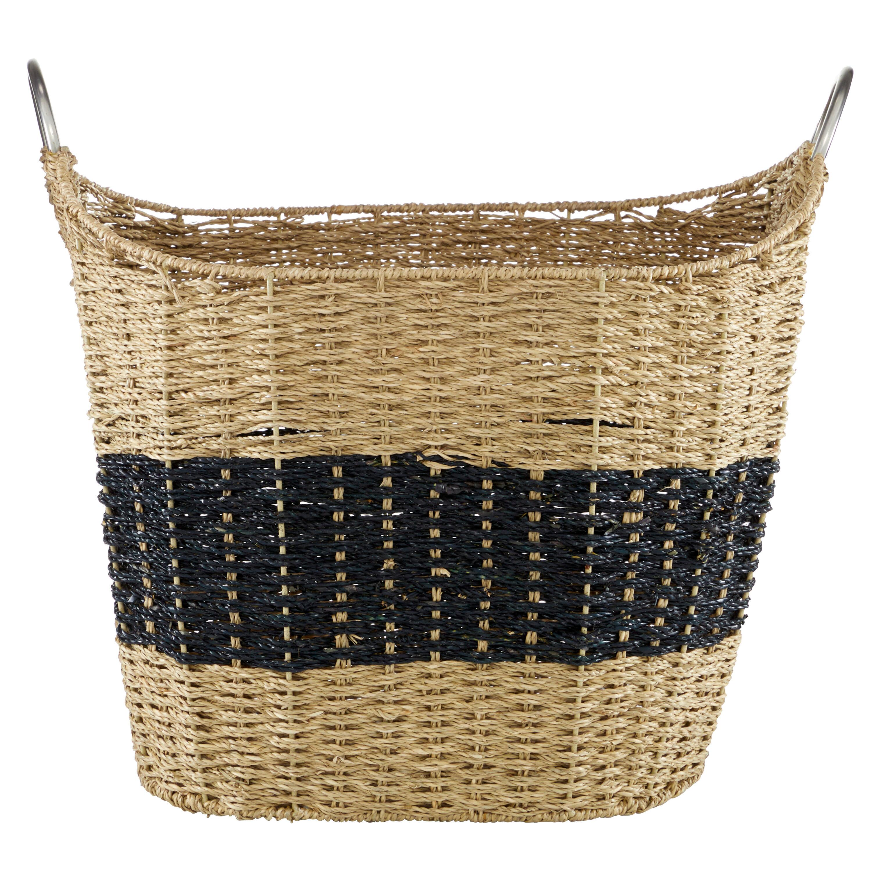DecMode 21" x 19" Brown Seagrass Handmade Two Toned Storage Basket with Metal Handles, 1-Piece