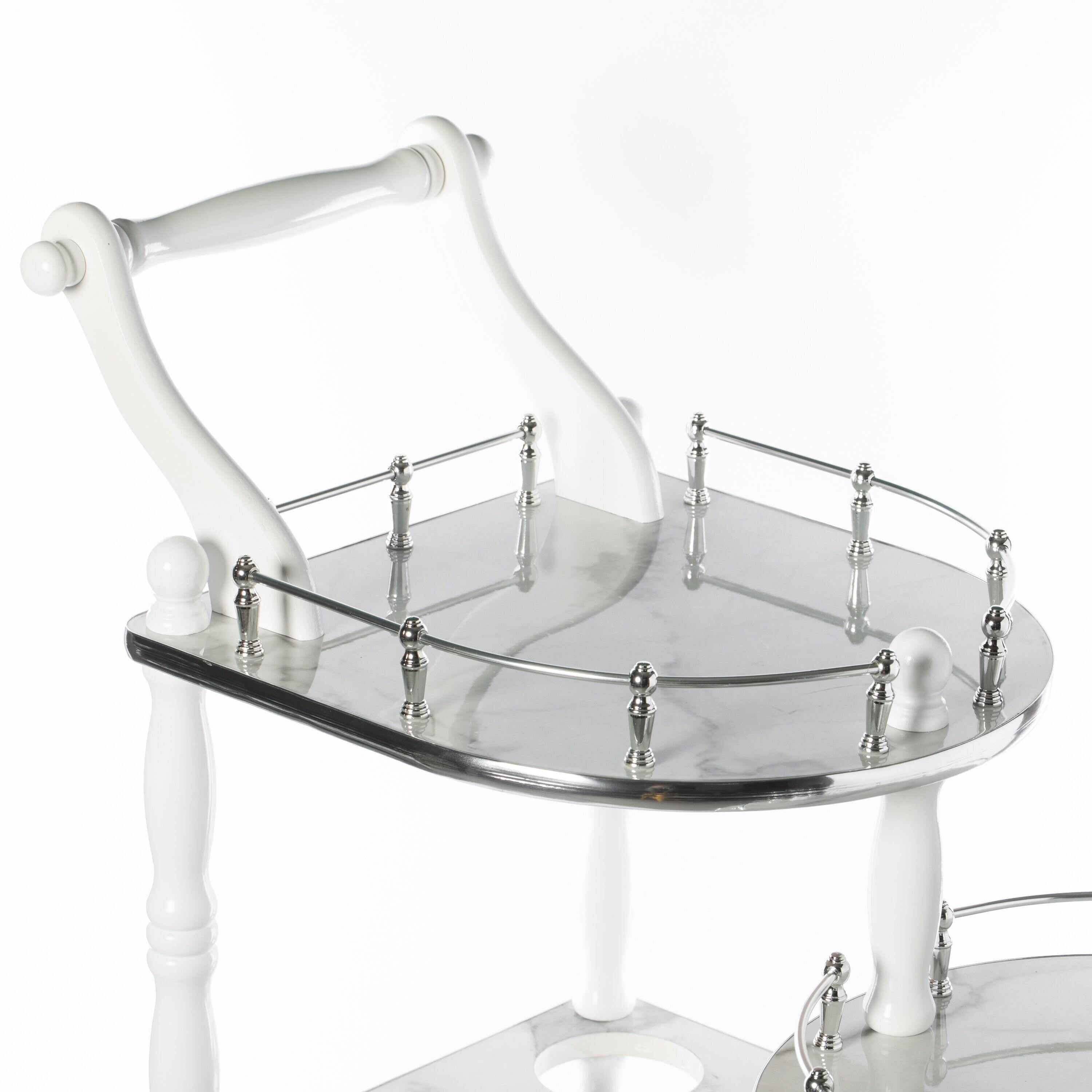 Fabulaxe Wood Serving Bar Cart Tea Trolley with 3 Tier Shelves and Rolling Wheels, Silver, White and Gray