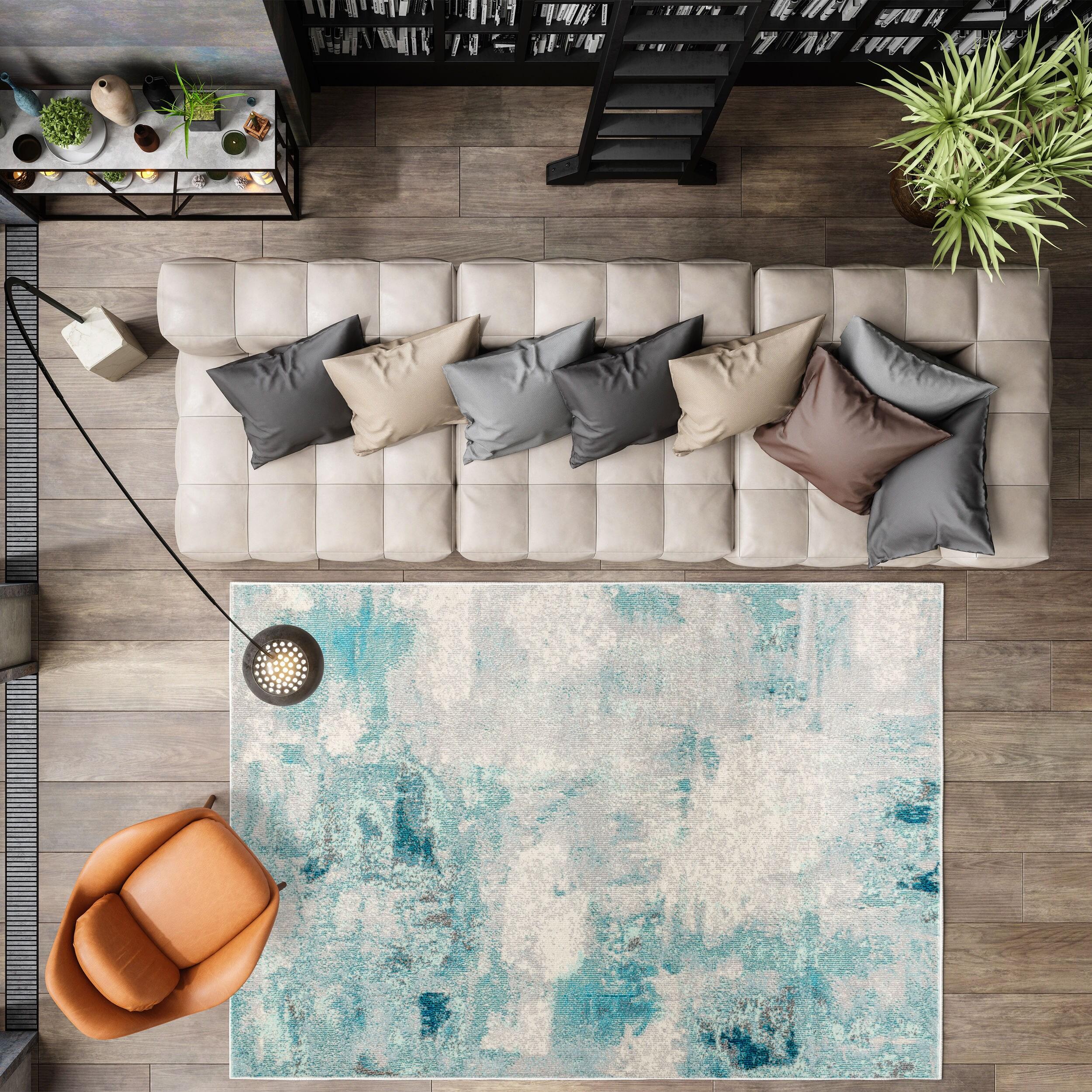 6'x 9' Contemporary POP Modern Abstract Vintage Area Rug, Cream/Blue - JONATHAN Y