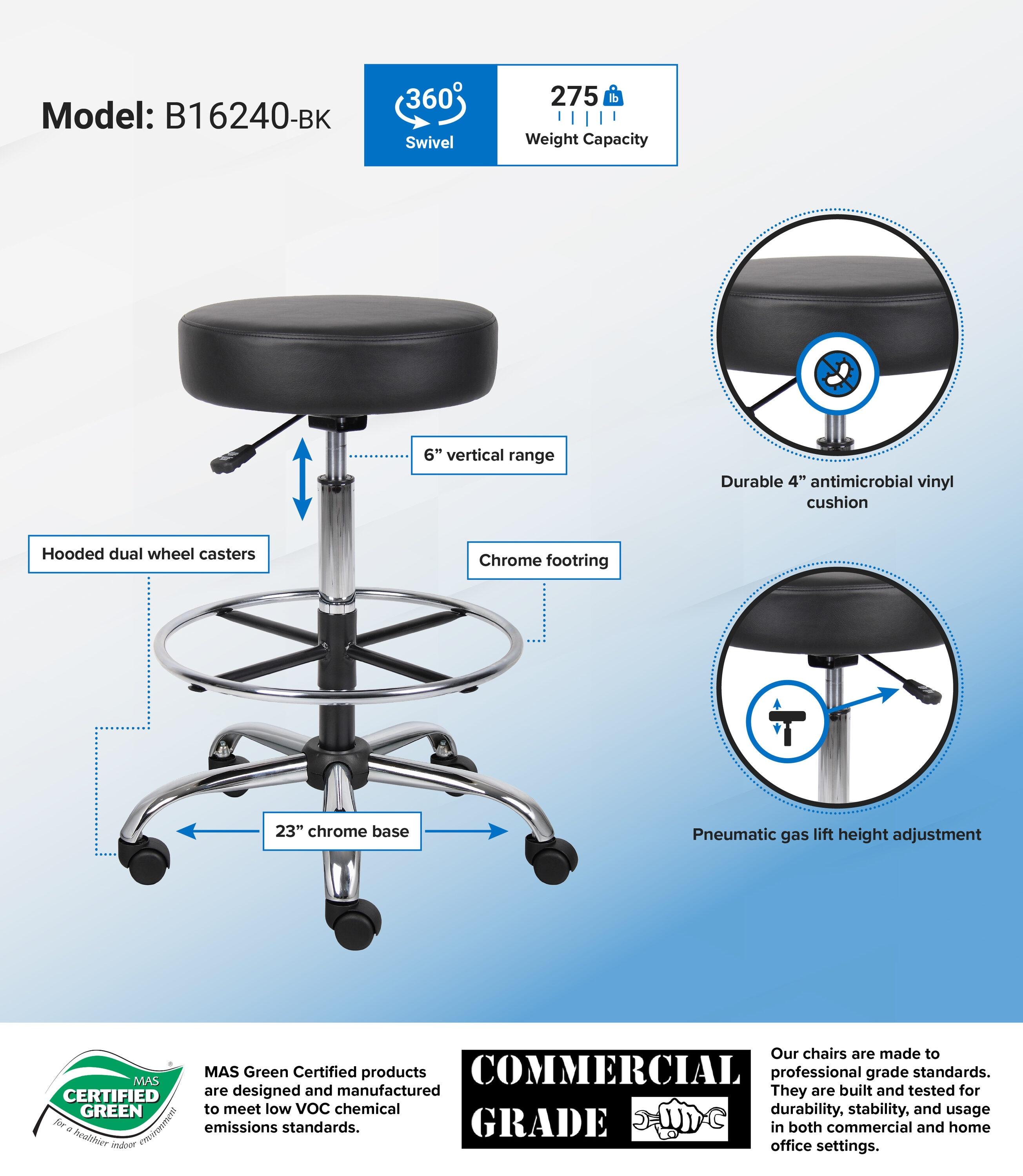 Medical/Drafting Stool Black - Boss Office Products: Antimicrobial Vinyl, Molded Foam, Adjustable Height, Metal Base, No Assembly Required