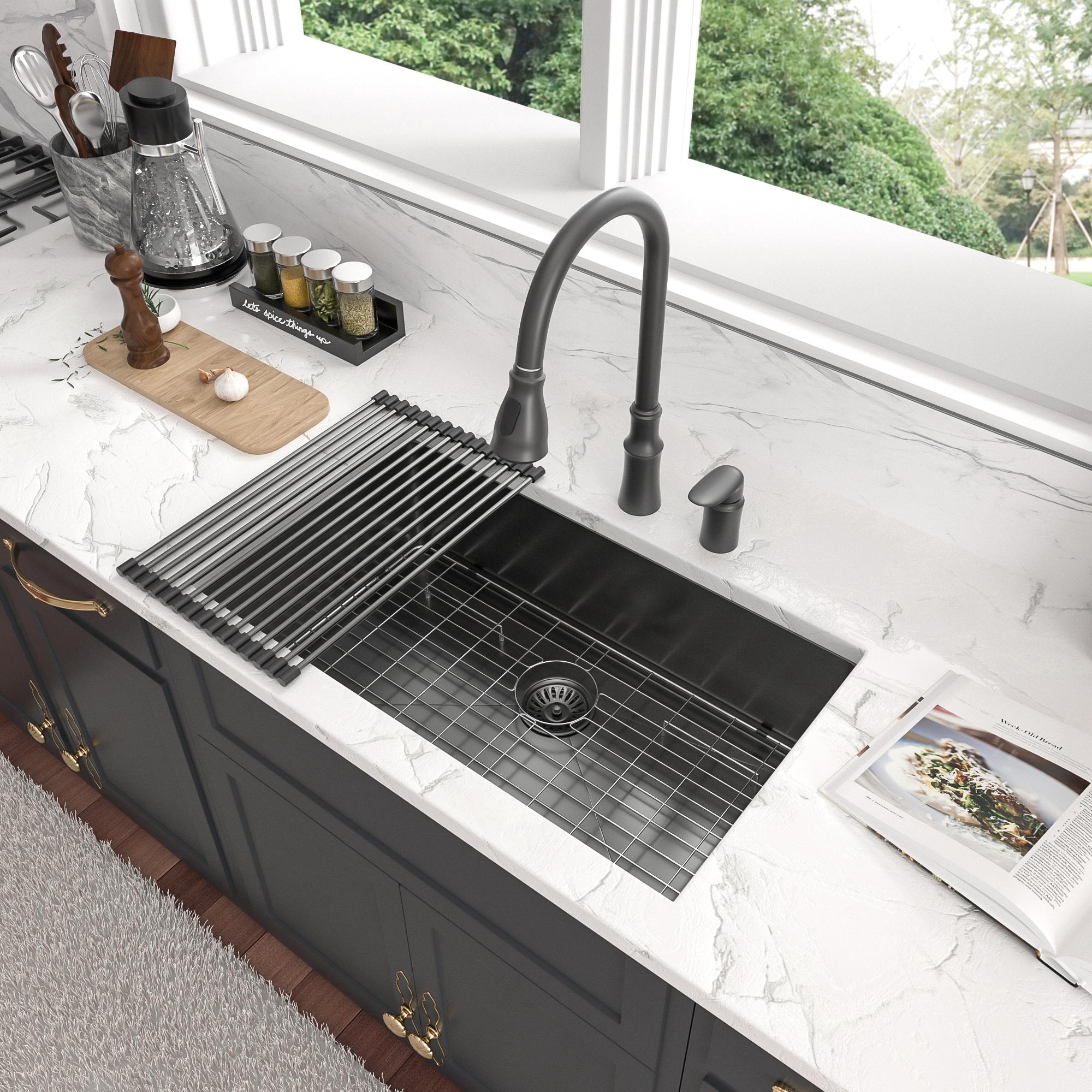 32" L x 19" W Undermount Kitchen Sink Gunmetal Black Sink 16 Gauge Stainless Steel Single Bowl Sink