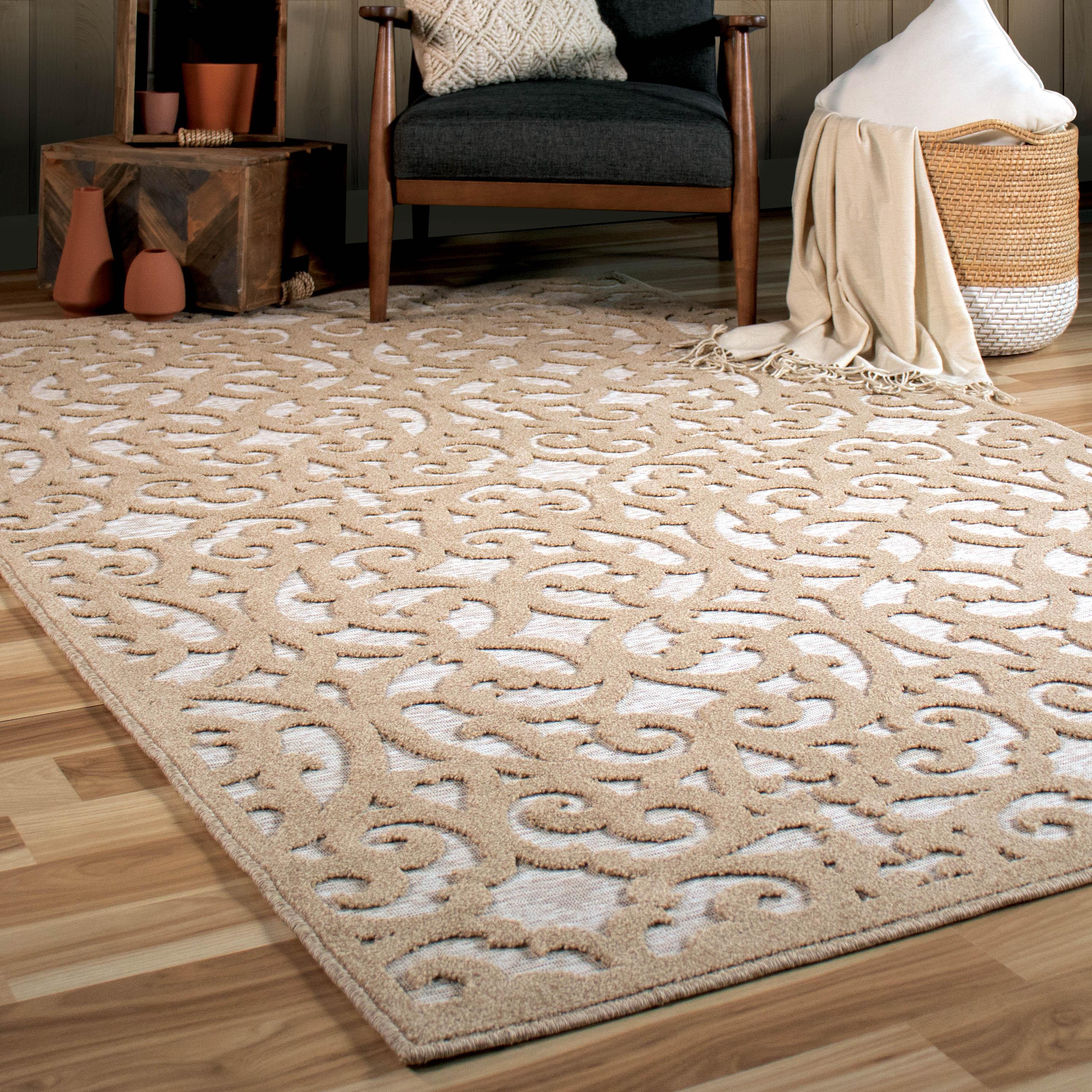 Orian Boucle Seaborn 5'2" X 7'6" Driftwood Damask High Low Outdoor Rug