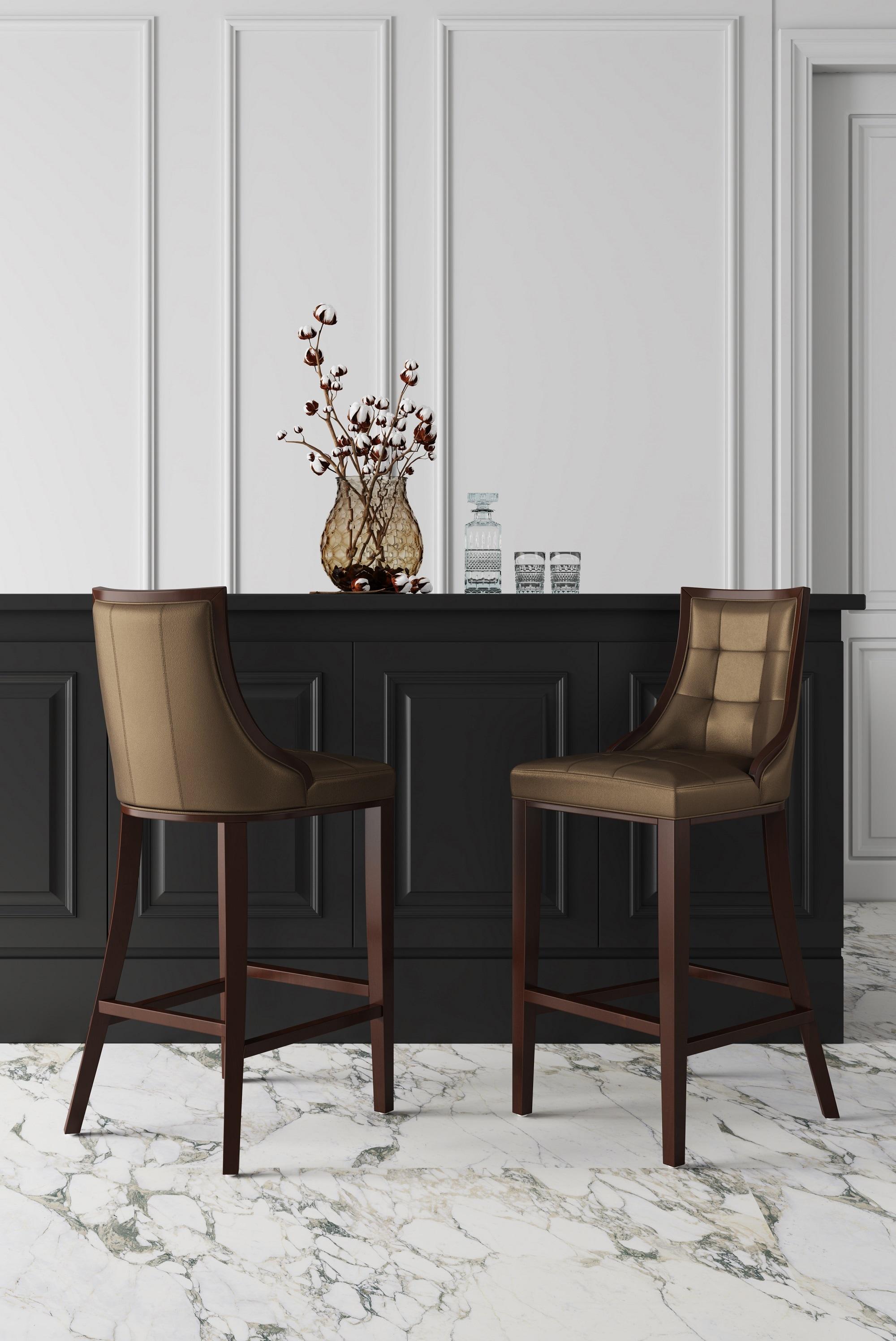 Set of 3 Fifth Avenue Upholstered Beech Wood Faux Leather Barstools Bronze - Manhattan Comfort: Laslo Modern Kitchen Island Seating