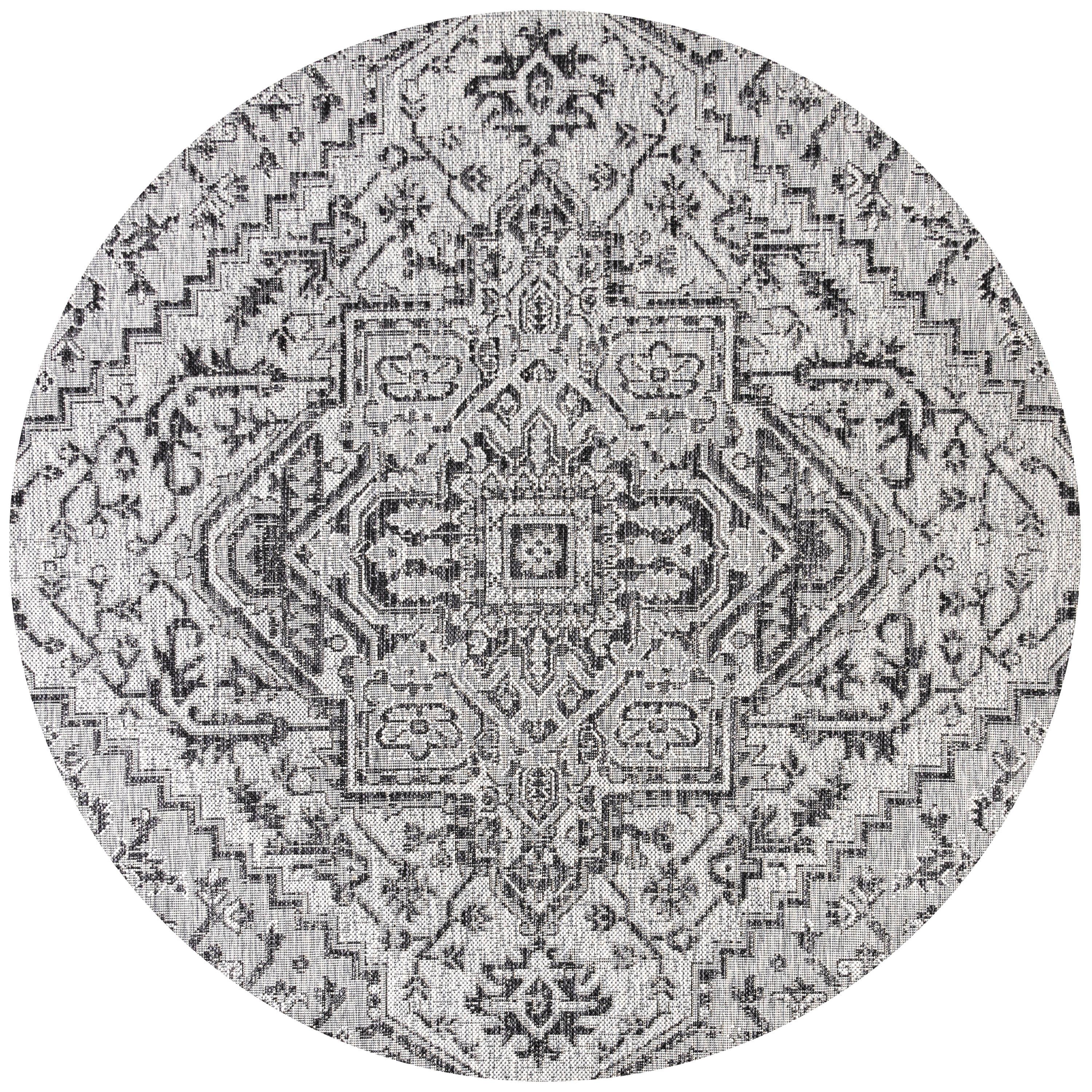 5' Round Estrella Bohemian Medallion Textured Weave Indoor/Outdoor Area Rug, Black/Gray - JONATHAN Y