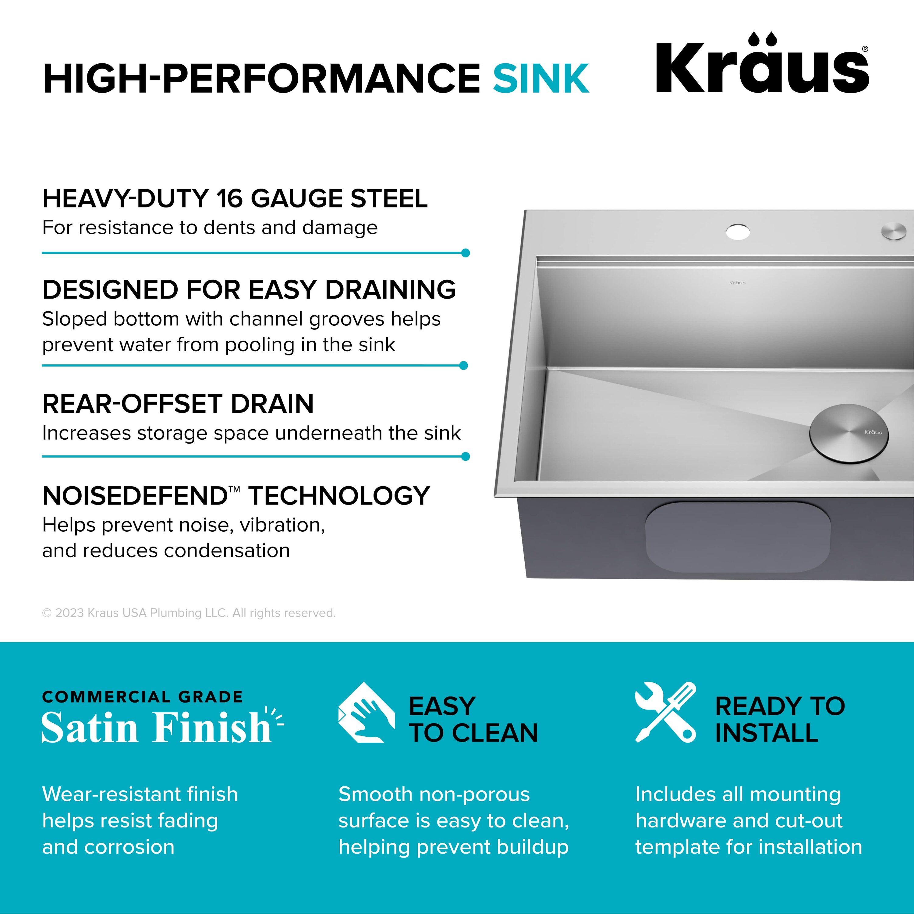 KRAUS Kore™ Workstation 25-inch L Drop-In 16 Gauge Single Bowl Stainless Steel Kitchen Sink with Accessories