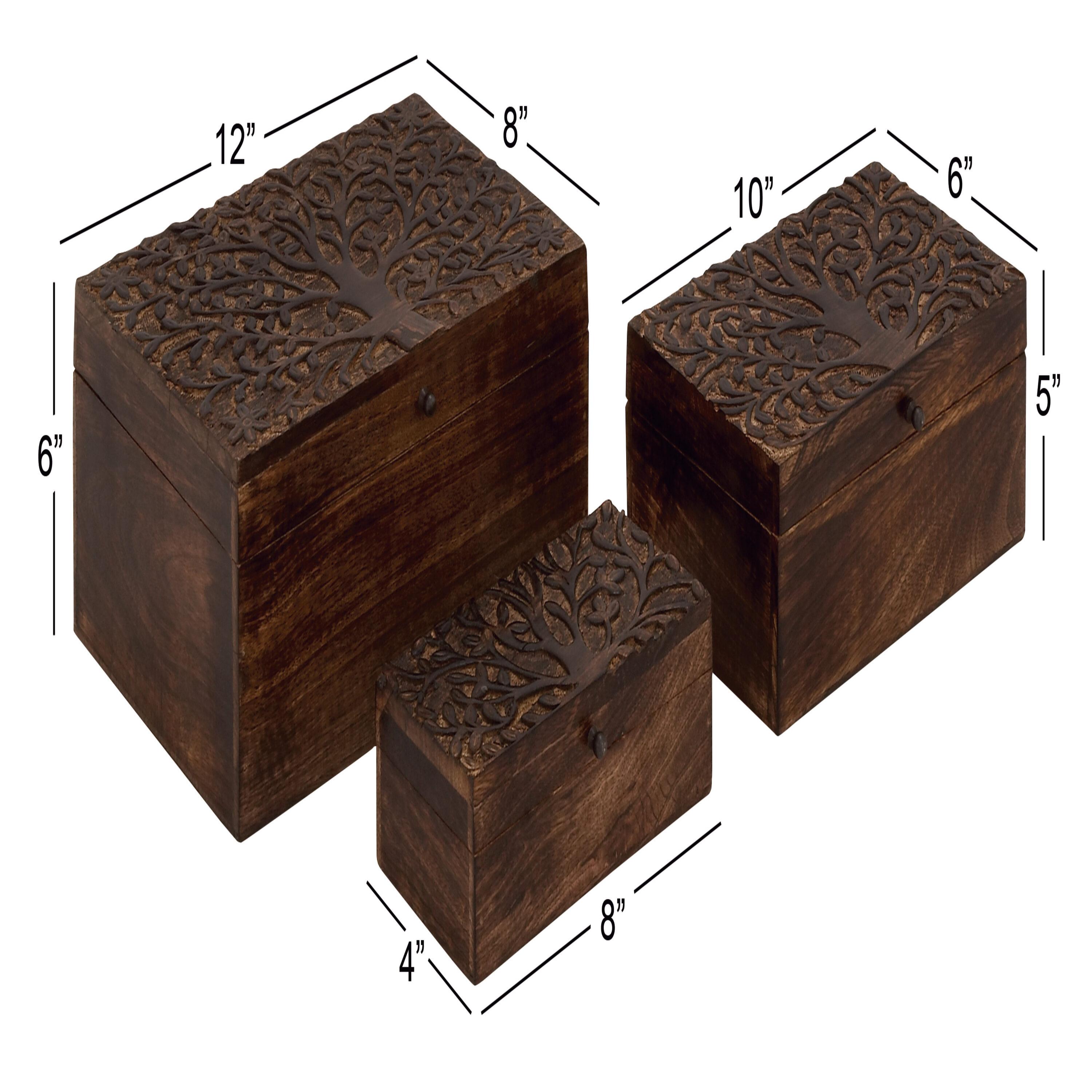 Olivia & May Set of 3 Rustic Carved Mango Wood Boxes : Handmade Keepsake Storage