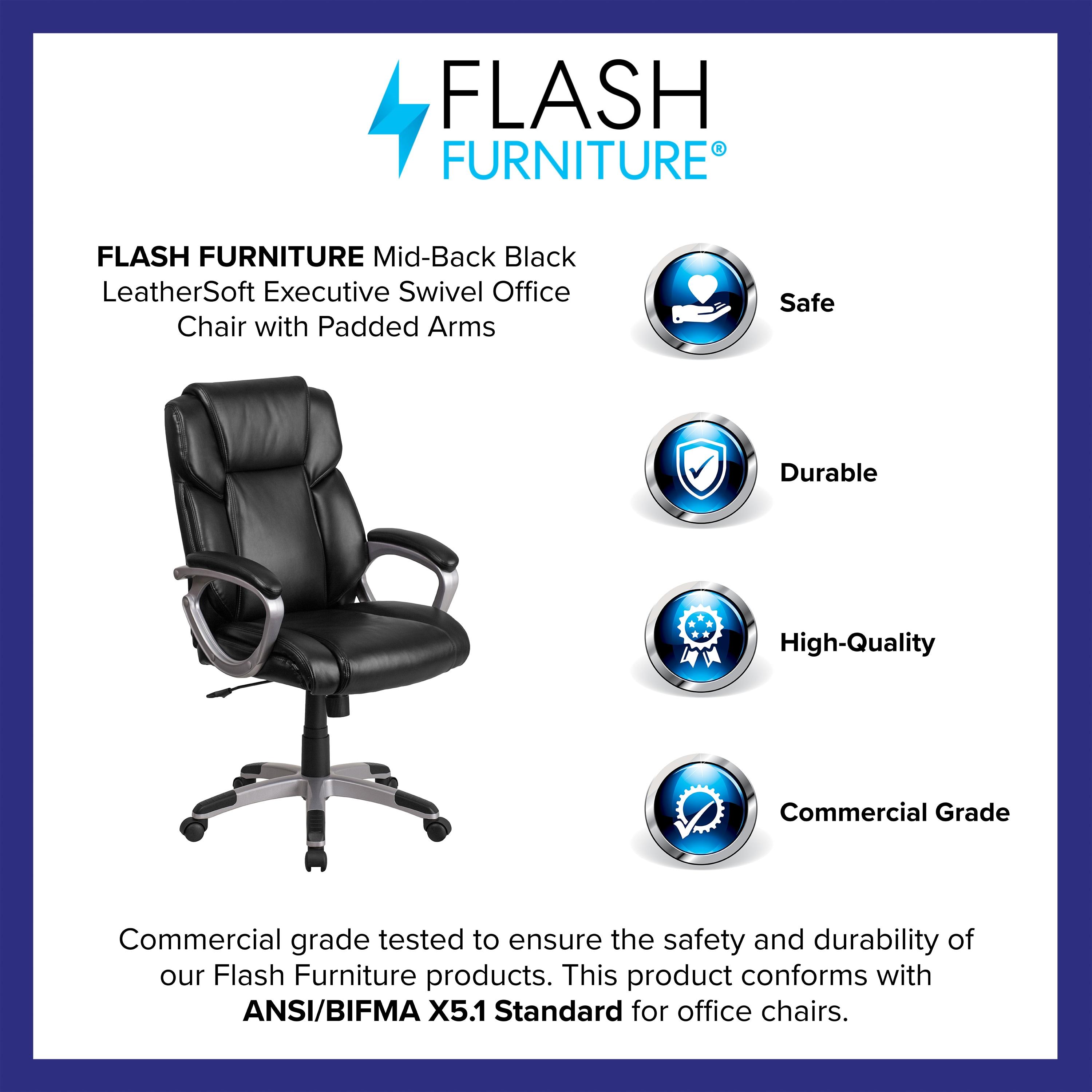 Flash Furniture Mid-Back Black LeatherSoft Executive Swivel Office Chair with Padded Arms