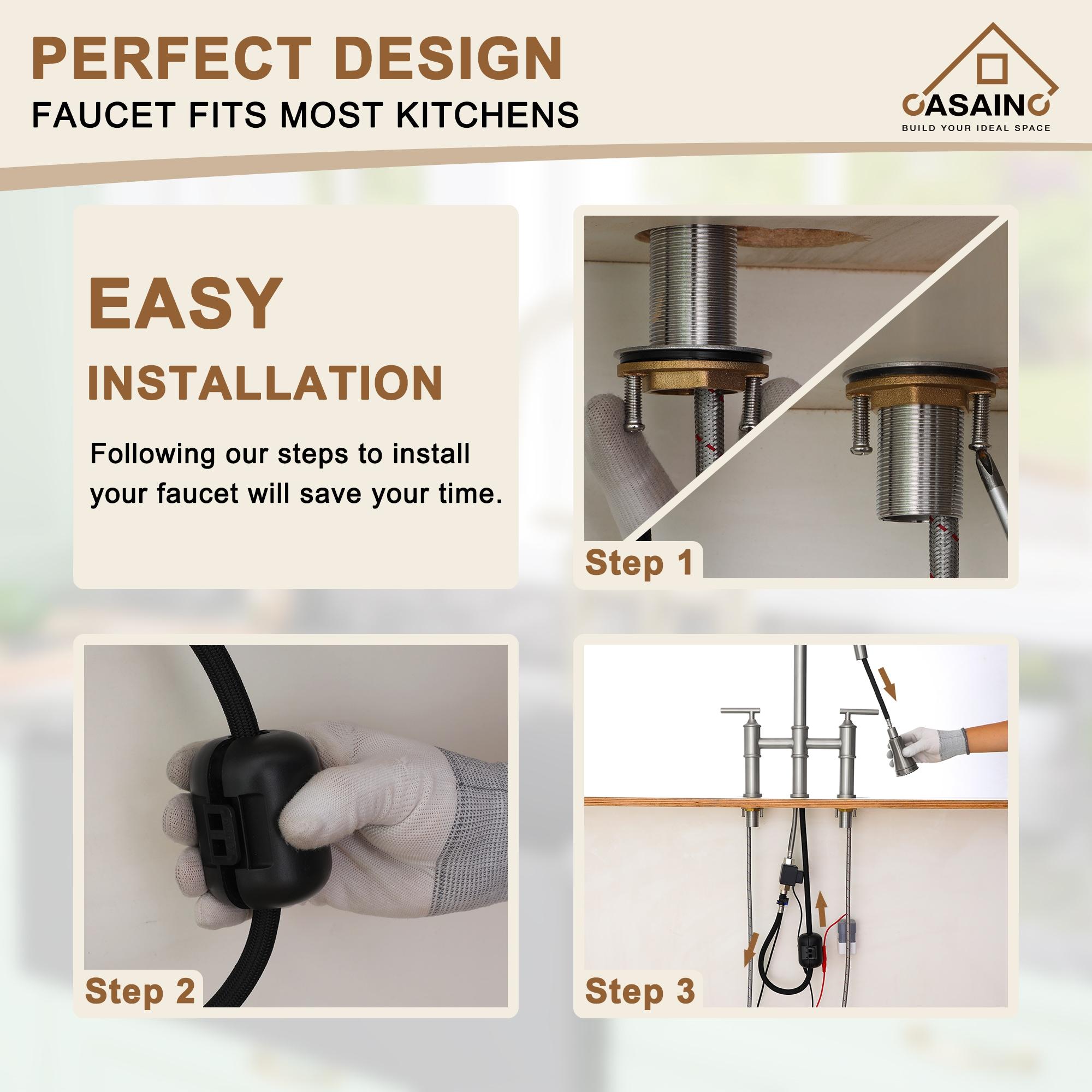 Double Handle Pull-Out Sprayer Bridge Kitchen Faucet with Infrared Sensor in Brushed Nickel