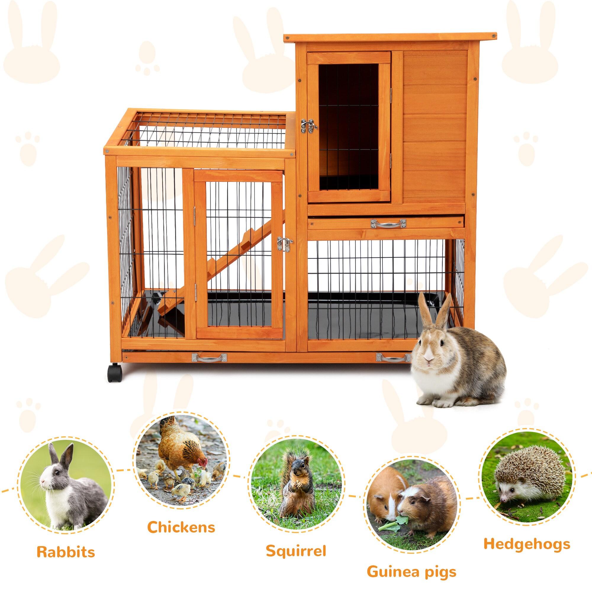 COZIWOW Wooden Rabbit Hutch Hamster Habitat Bunny House Outdoor w/ 4 Casters 2 Cleaning Trays