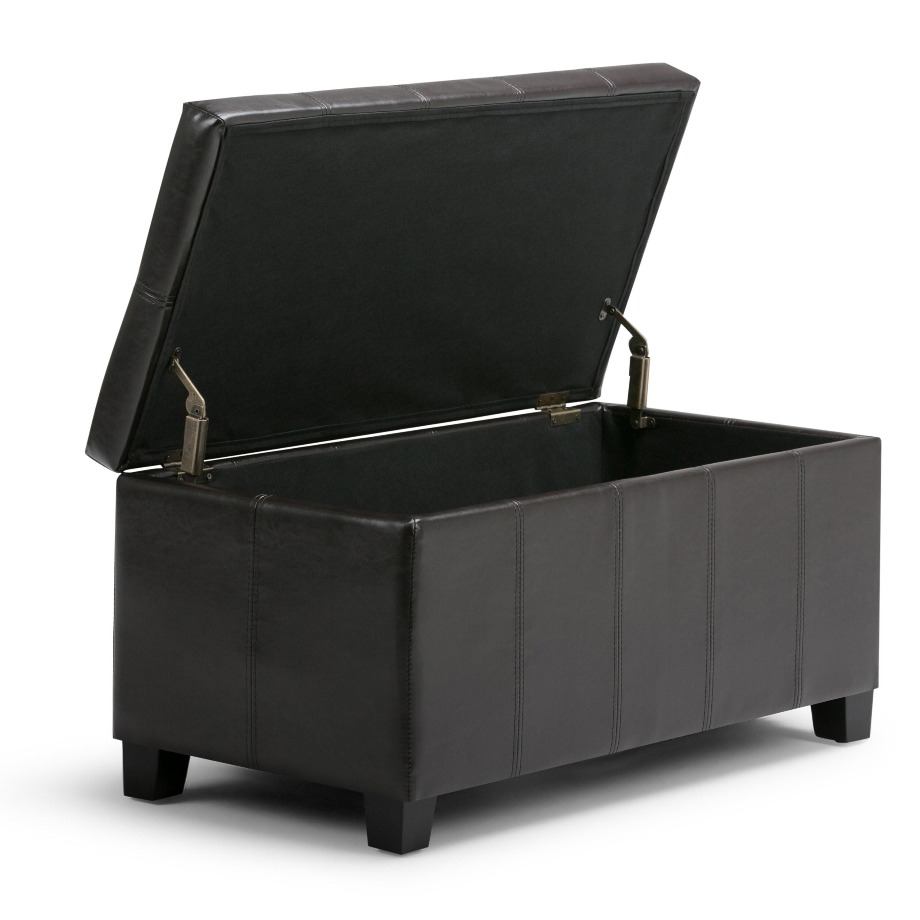 Simpli Home Dover Faux Leather Storage Bench in Tanners Brown
