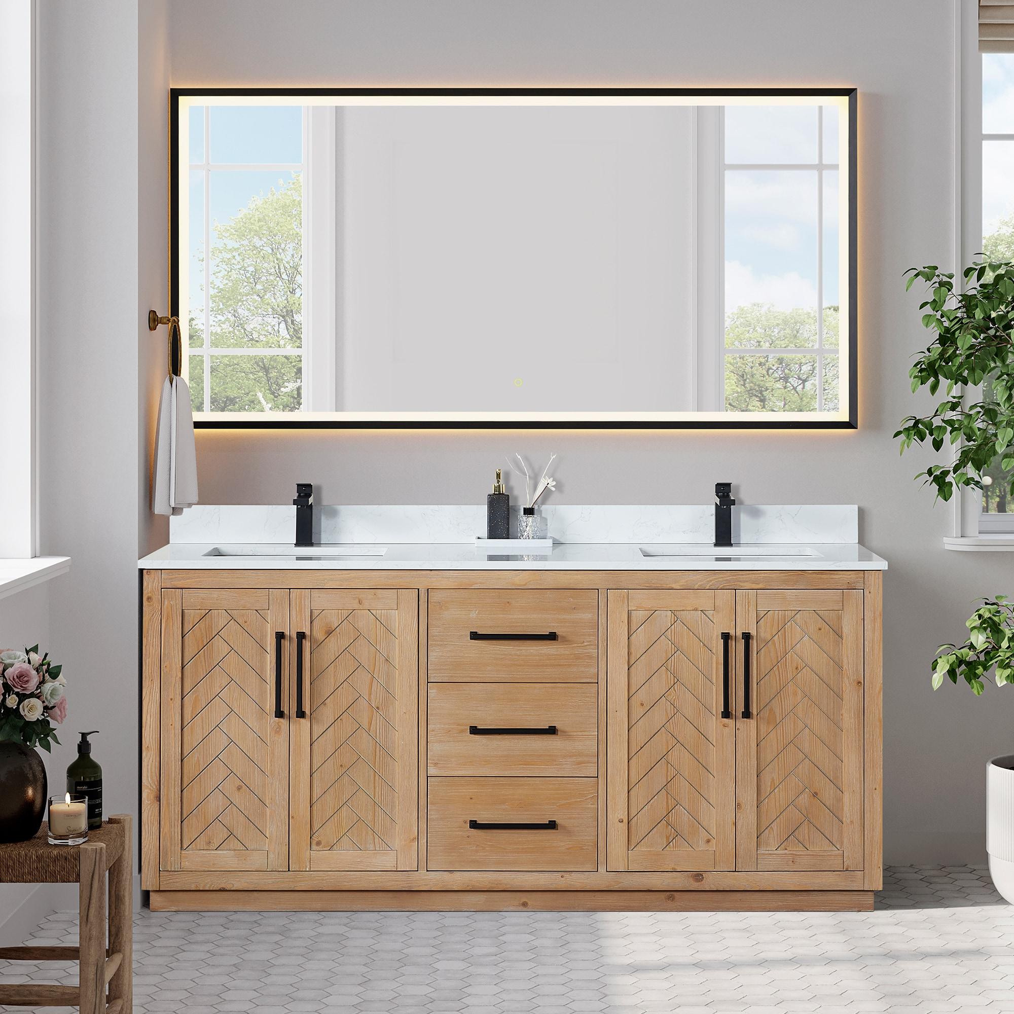 Anais 72" Wood Vanity in Light Brown with White Composite Stone Top with Mirror