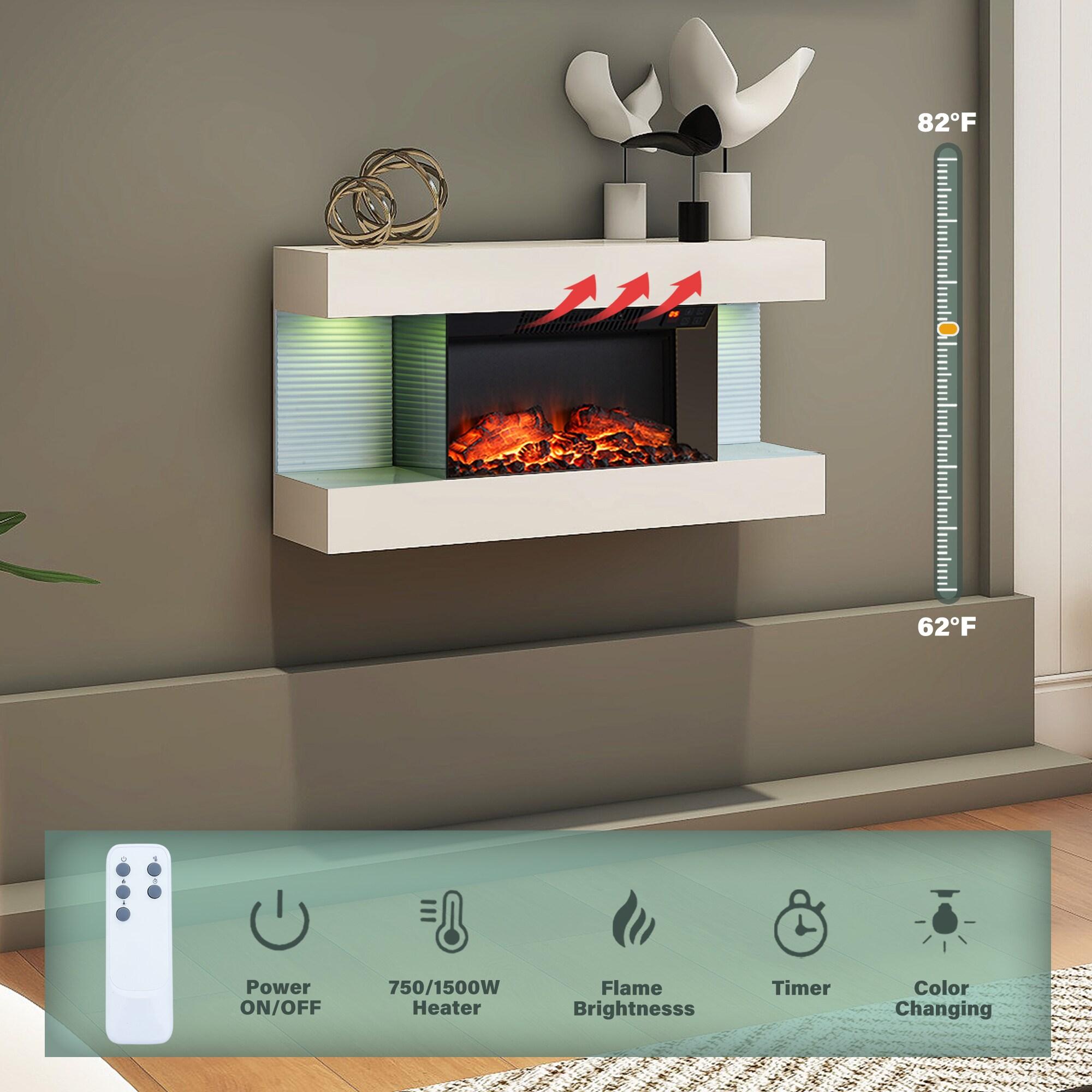 32" White Metal Wall Mounted Electric Fireplace with Remote Control