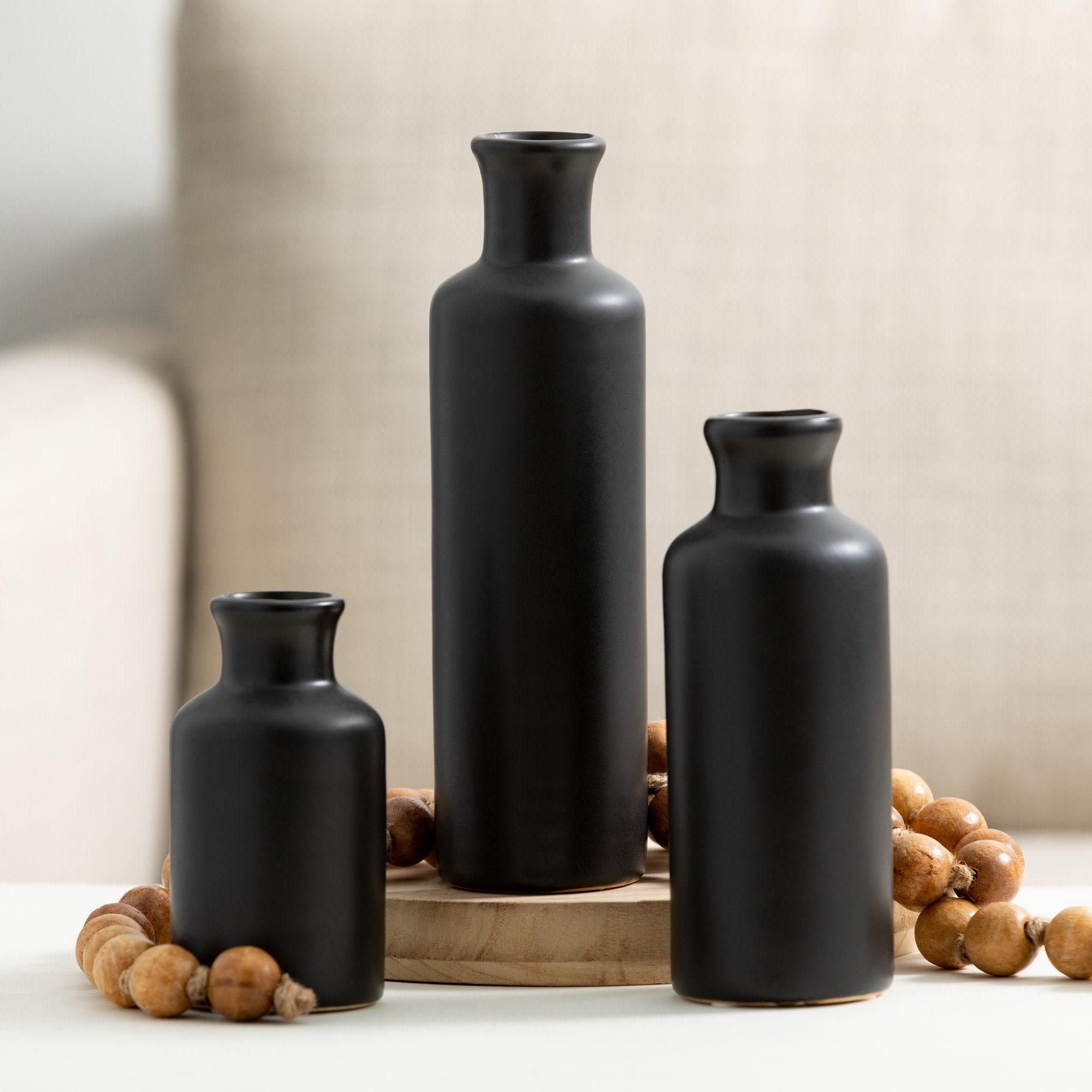 Sullivans Matte Black Set of 3 Small Ceramic Bottle Vases 5"H, 7.5"H & 10"H Black