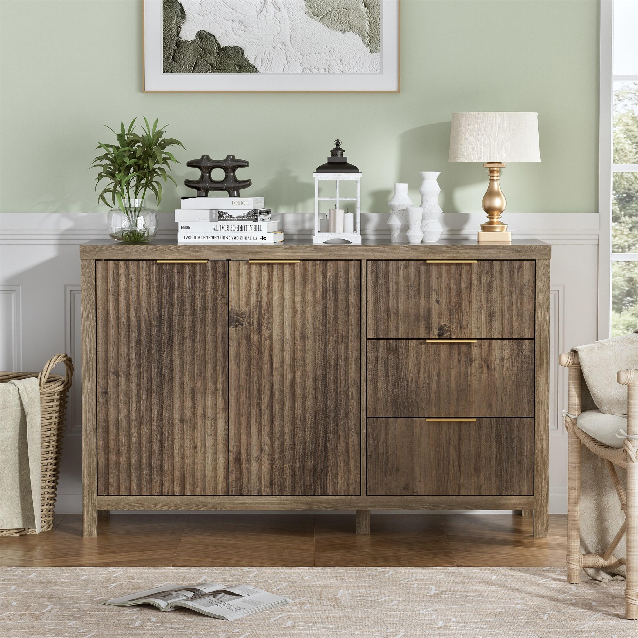 47" Brown MDF Wood Sideboard Buffet Cabinet with Grooved Doors and Drawers