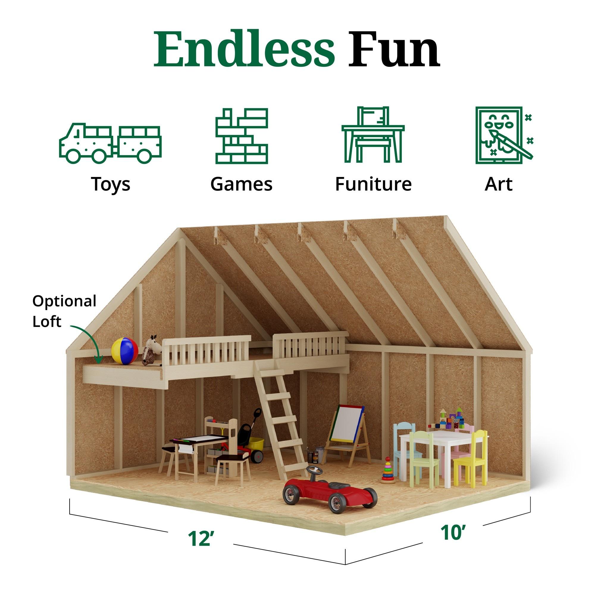 Little Cottage Co. 10x12 Cape Cod Playhouse with Floor, Deck and Rail, and Loft, Outdoor Wood Do-It-Yourself Kit