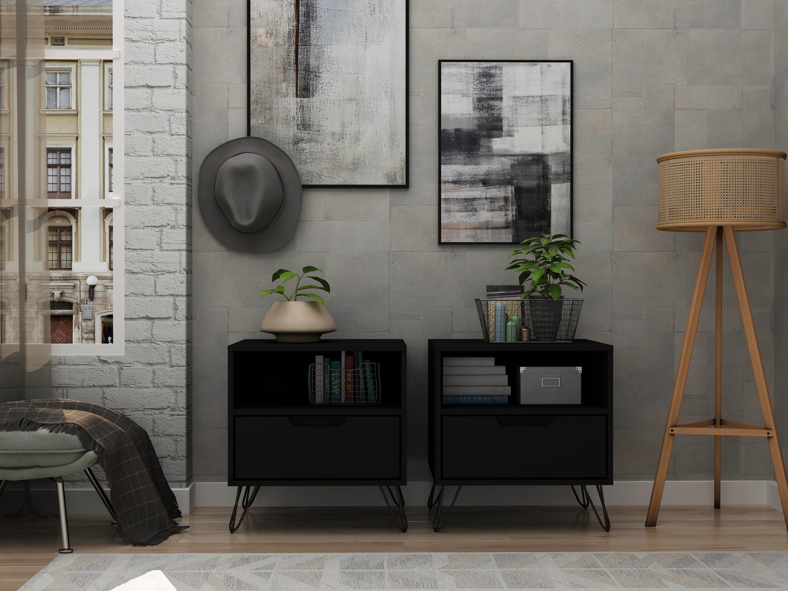 Set of 2 Rockefeller 1 Drawer Nightstands Black - Manhattan Comfort