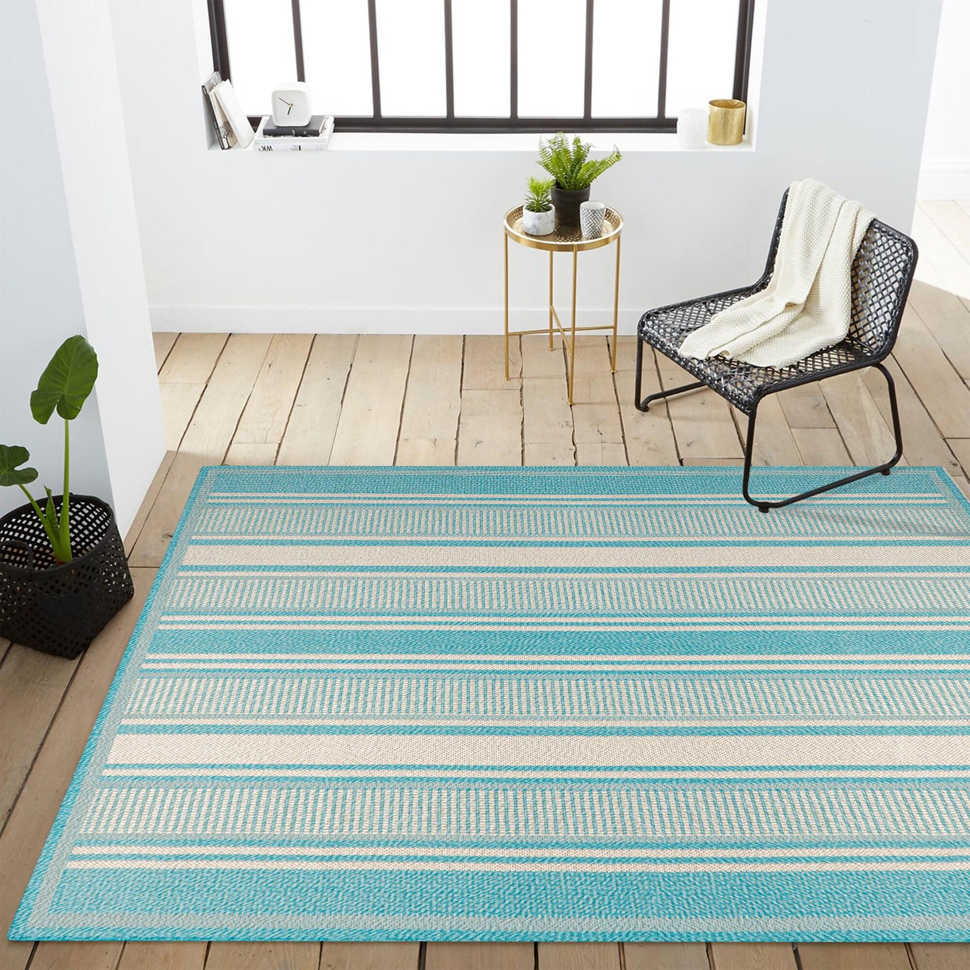 3' x 5' Haynes Modern Double Stripe Indoor/Outdoor Area Rug, Aqua/Beige - JONATHAN Y